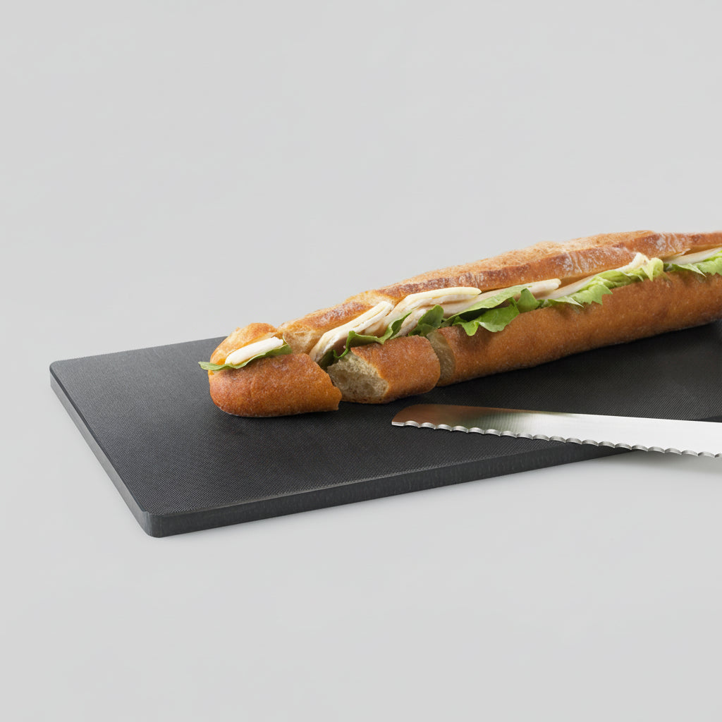 Long sandwich with lettuce and cheese on a black slate board with a knife on a white background
