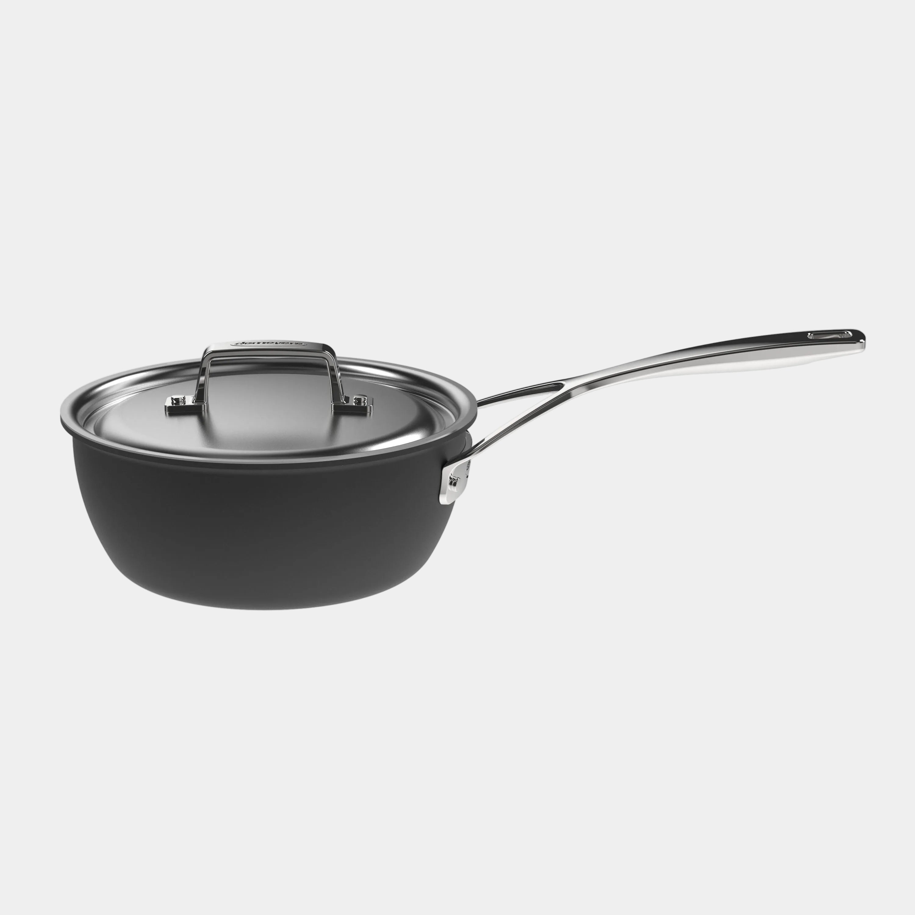 Black cookware set with lid on a white background
