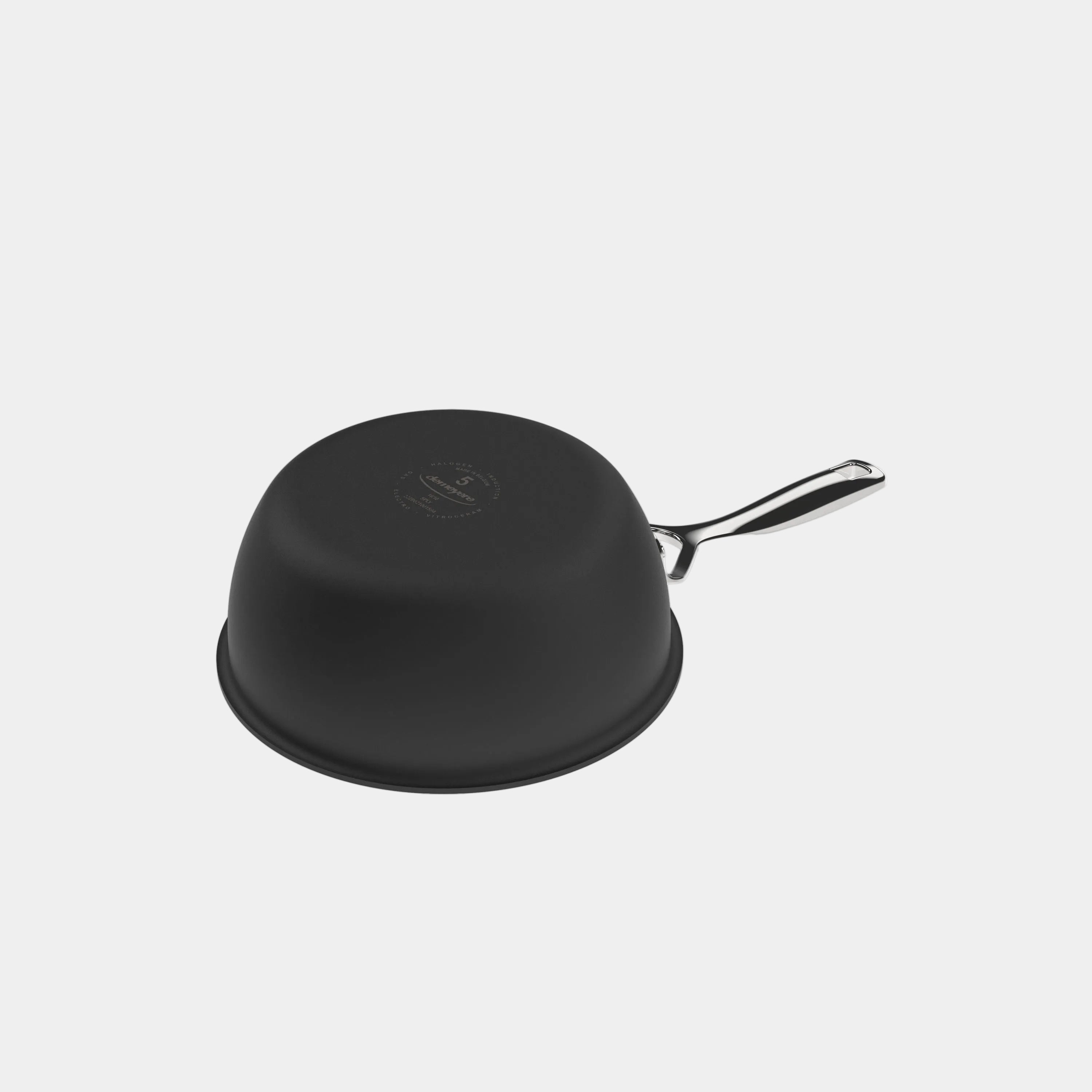 Black frying pan with a lid on a white background