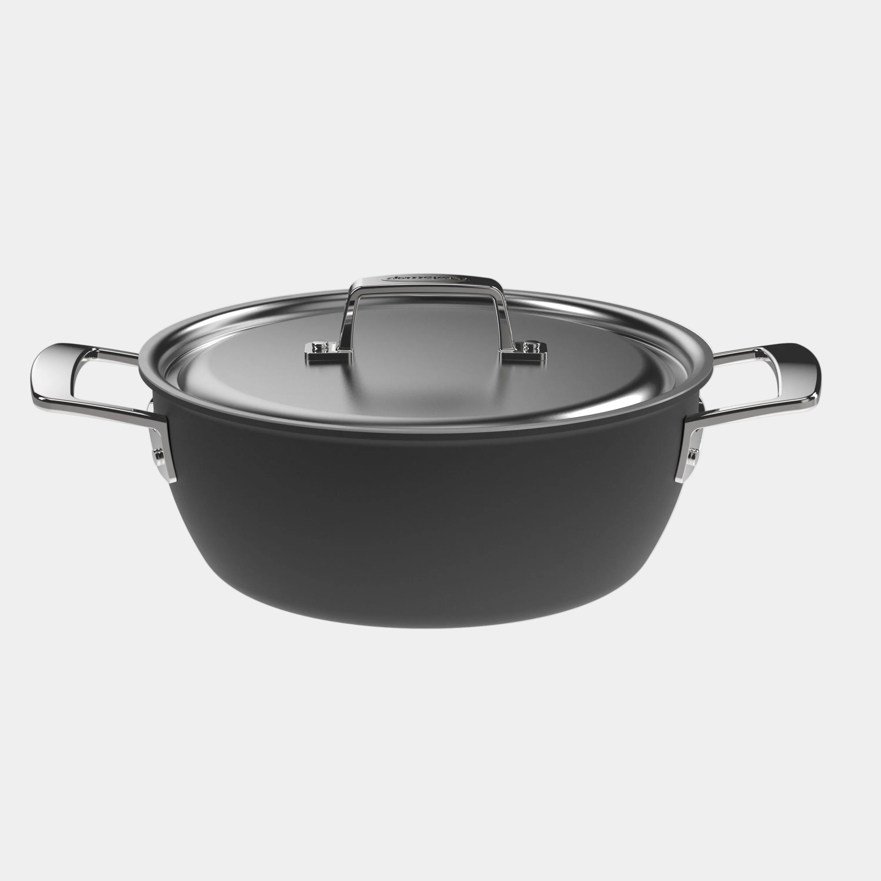 Black cookware pot with lid on a white background