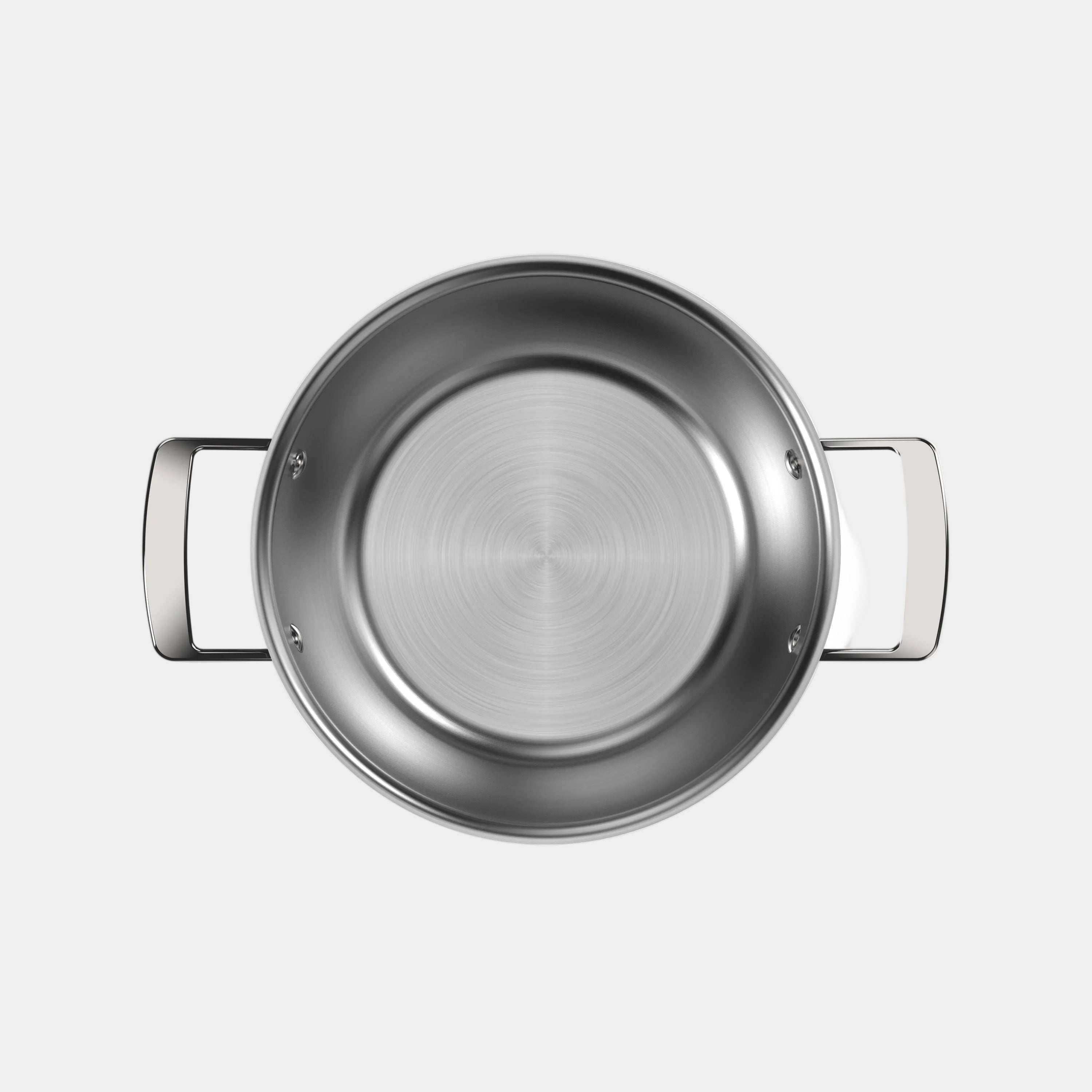 Stainless steel pot with two handles on a white background