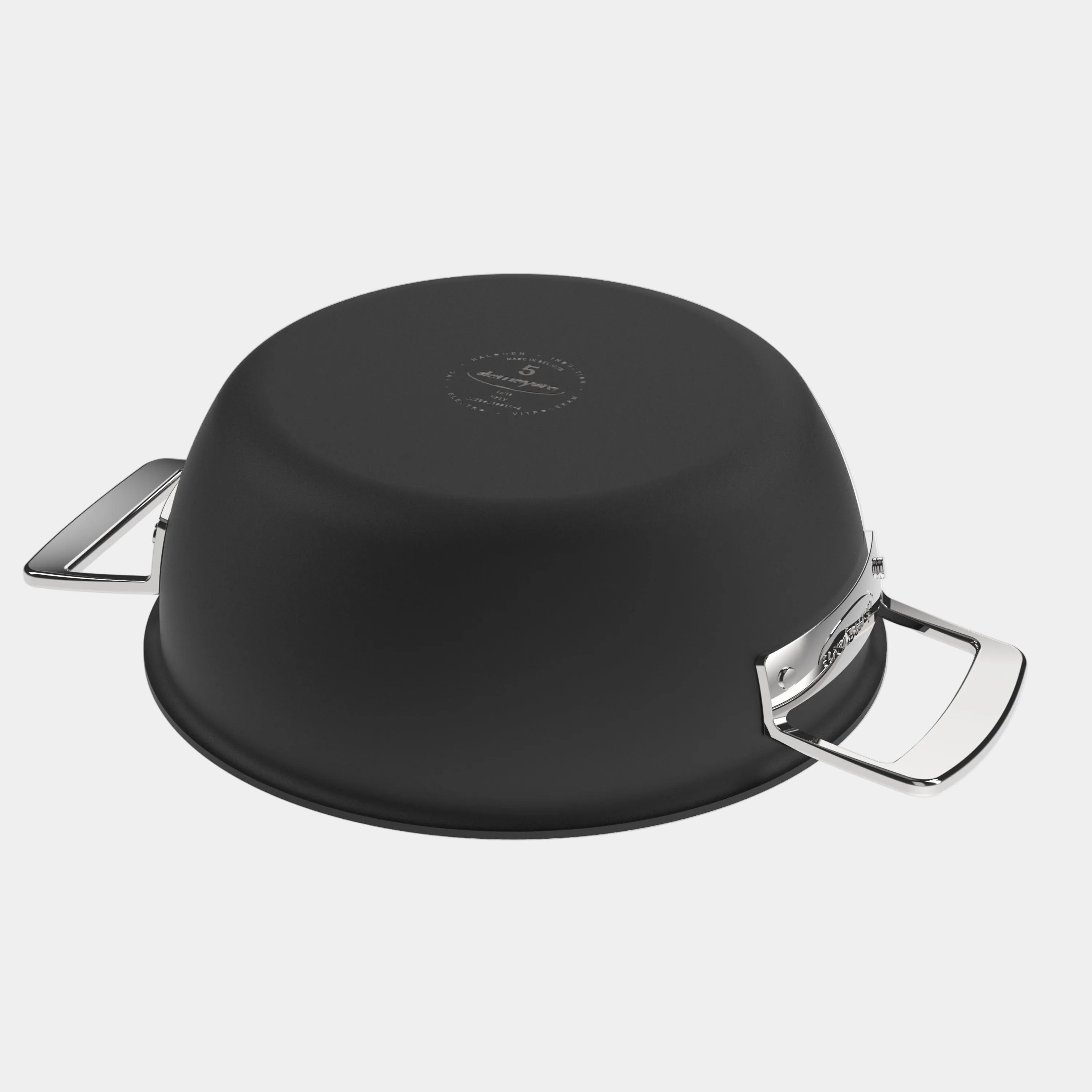 Black pot with silver handles on a white background