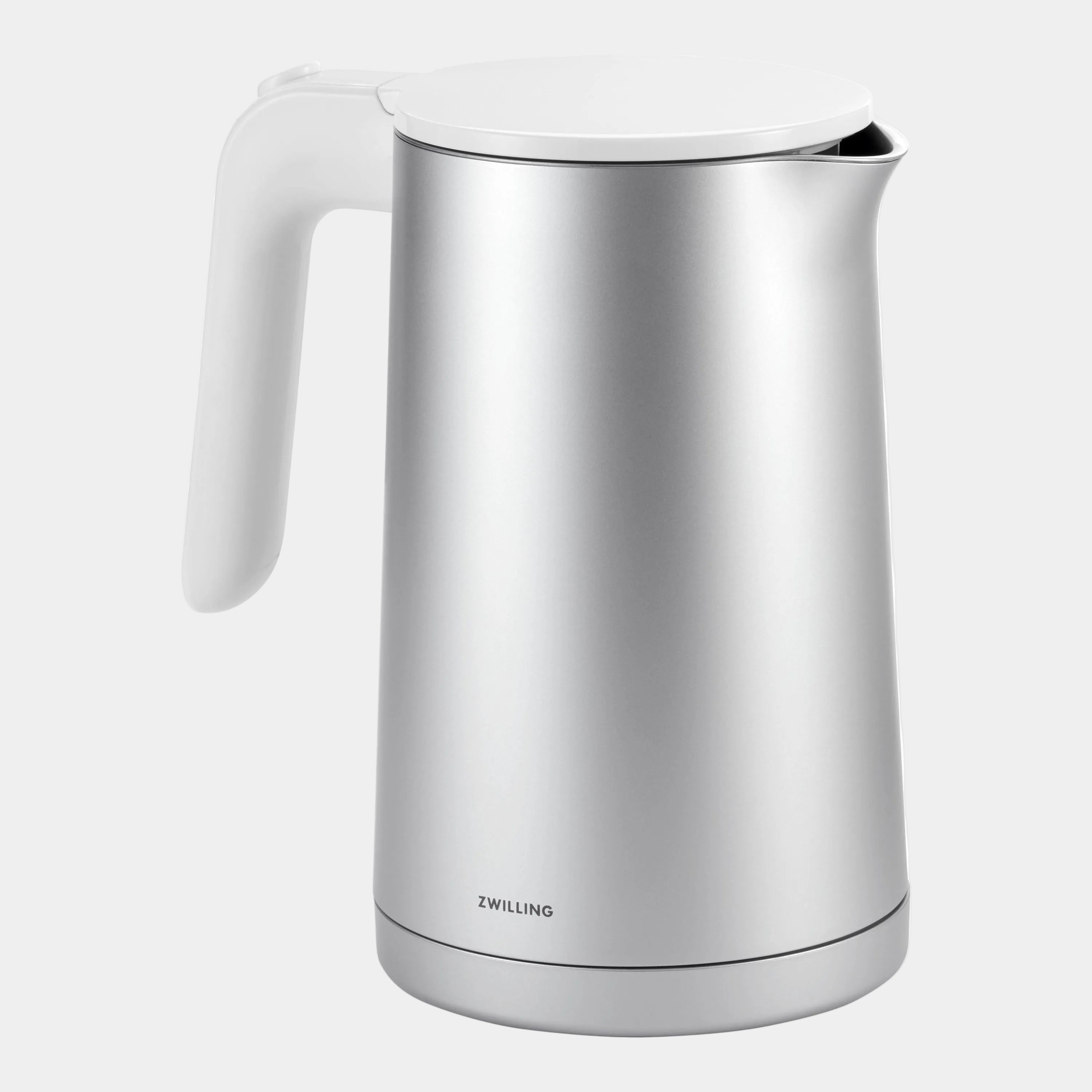Silver kettle with white handle on a white background, featuring the Zwilling brand.