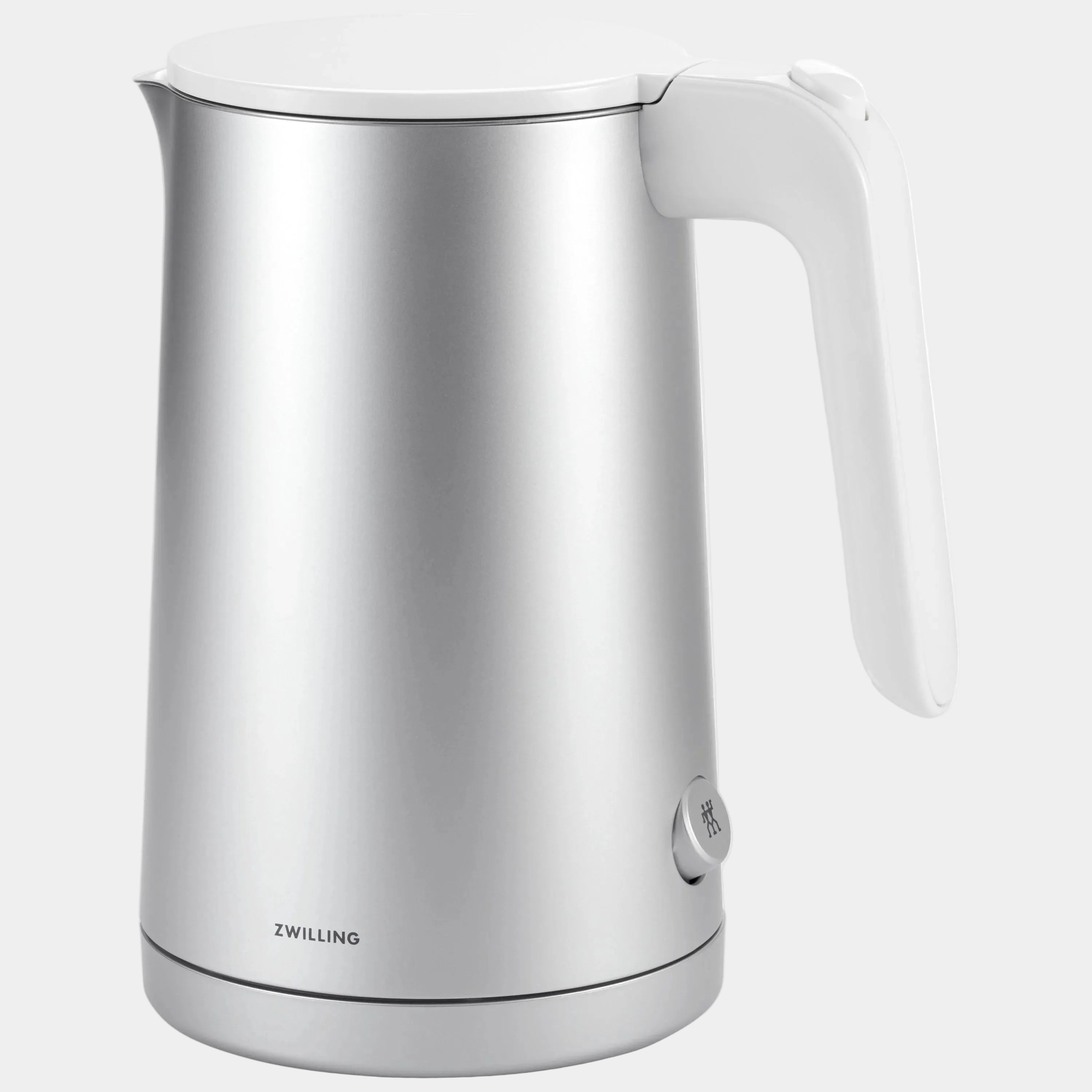 Silver electric kettle with white handle on a white background, featuring the Zwilling brand.