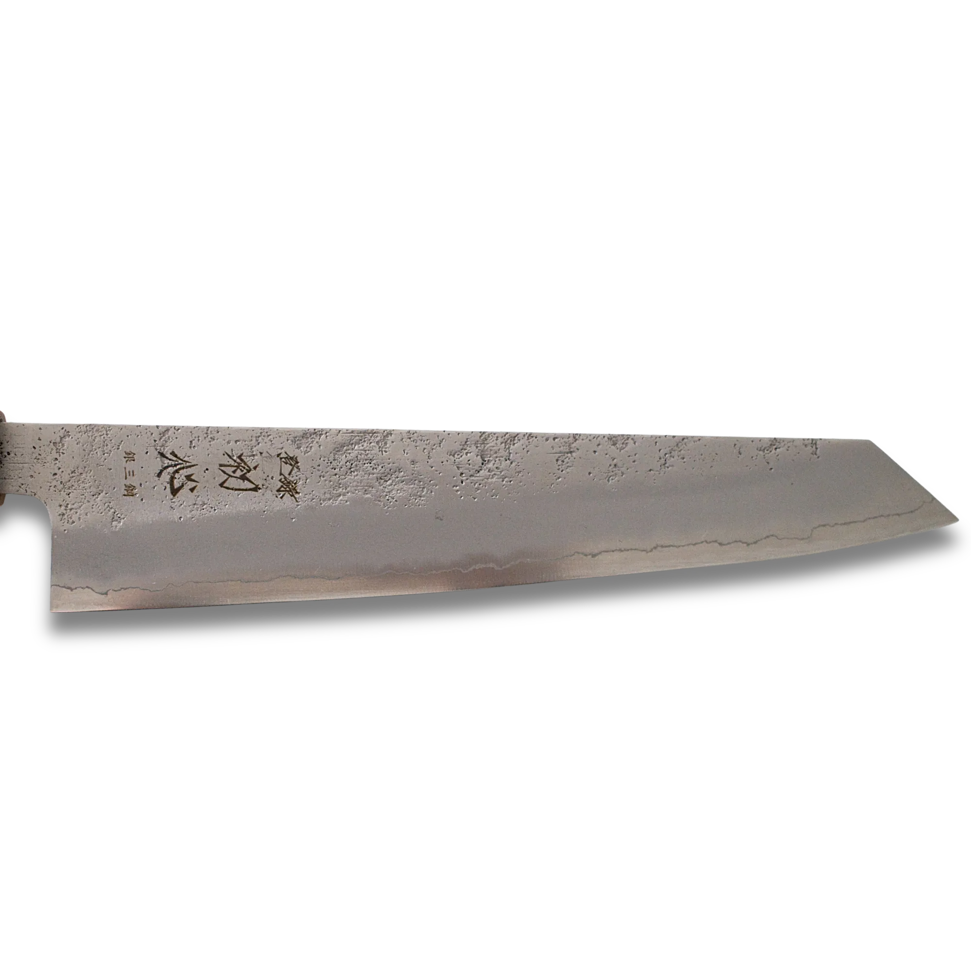 Ginrei Silver 3 Nashiji Kiritsuke Gyuto 205mm knife with olive wood handle, featuring a sharp angular tip and elegant design.