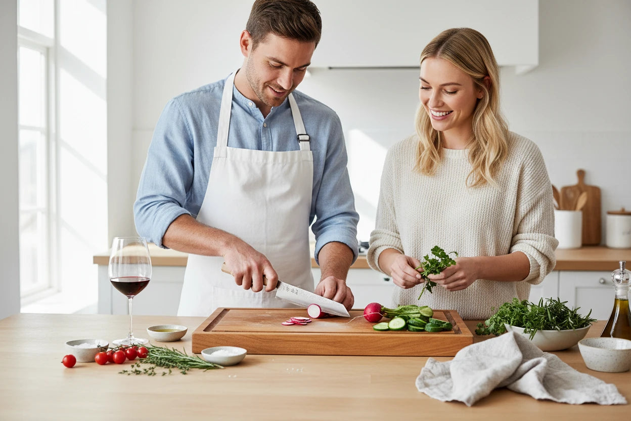 Couple cooking together using Ginrei Silver 3 Nashiji Kiritsuke Gyuto knife with olive wood handle on wooden cutting board.