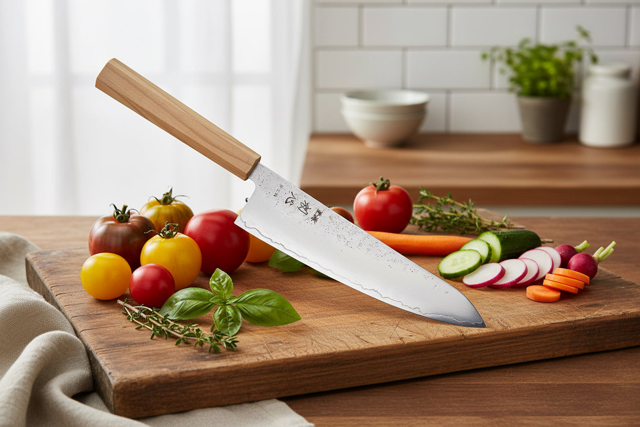 Hatsukokoro Ginrei Silver 3 Nashiji Gyuto 210mm knife showcased with fresh vegetables on a wooden cutting board