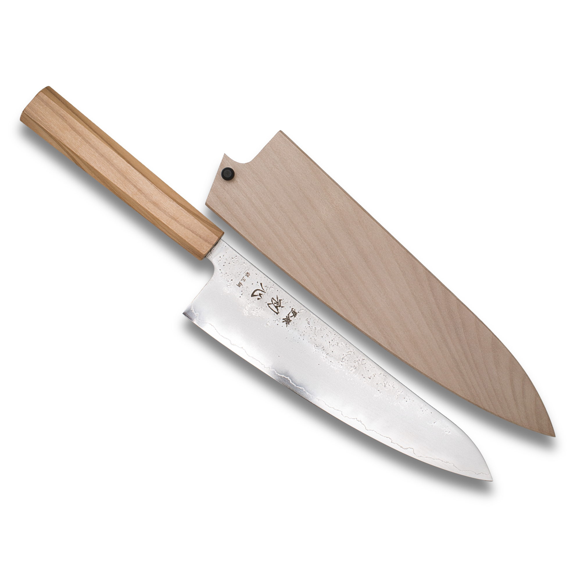 Hatsukokoro Ginrei Silver 3 Nashiji Gyuto 210mm knife with traditional wooden Saya.