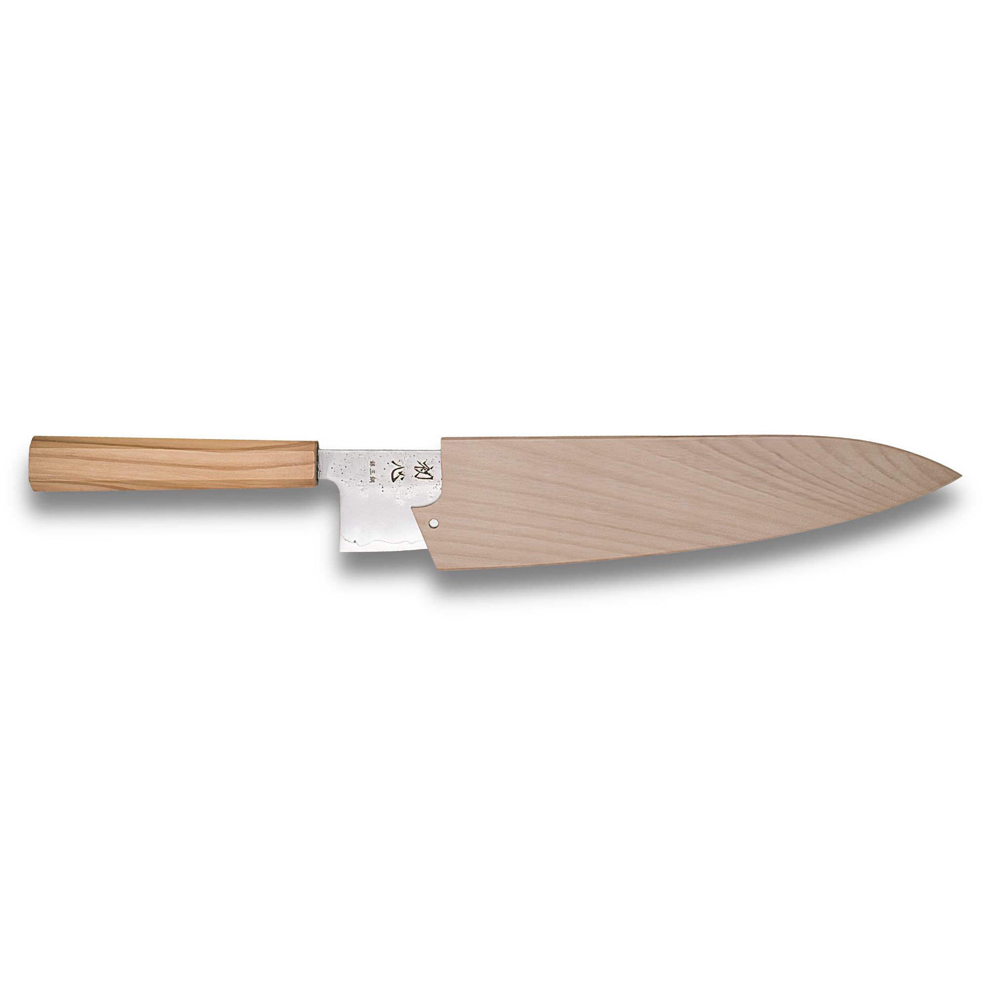 Hatsukokoro Ginrei Silver 3 Nashiji Gyuto 210mm chef's knife with wooden Saya, perfect for kitchen use.
