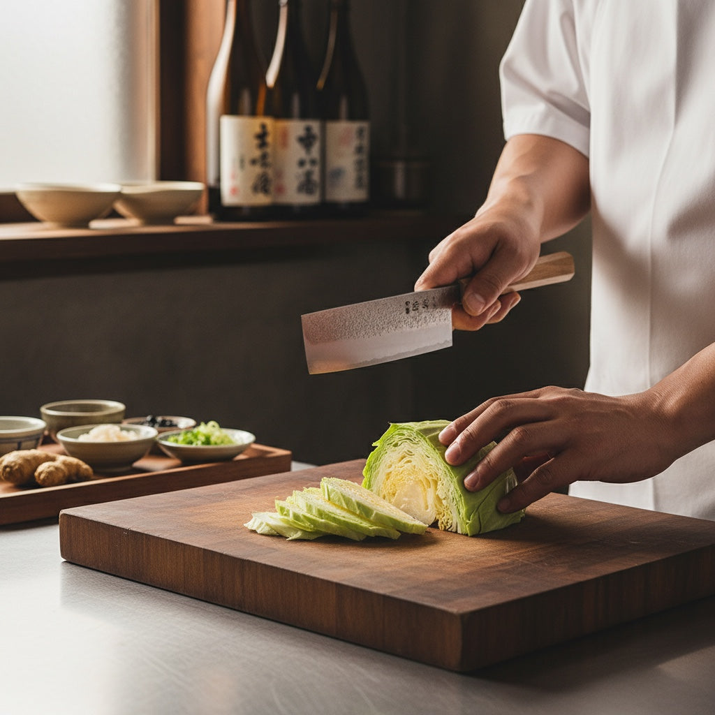 A chef using the Ginrei Silver 3 Nashiji Nakiri Knife to slice cabbage on a wooden cutting board.