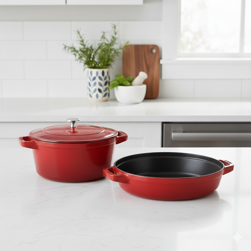 Red cookware set on a kitchen counter with a white tiled wall and plants in the background.