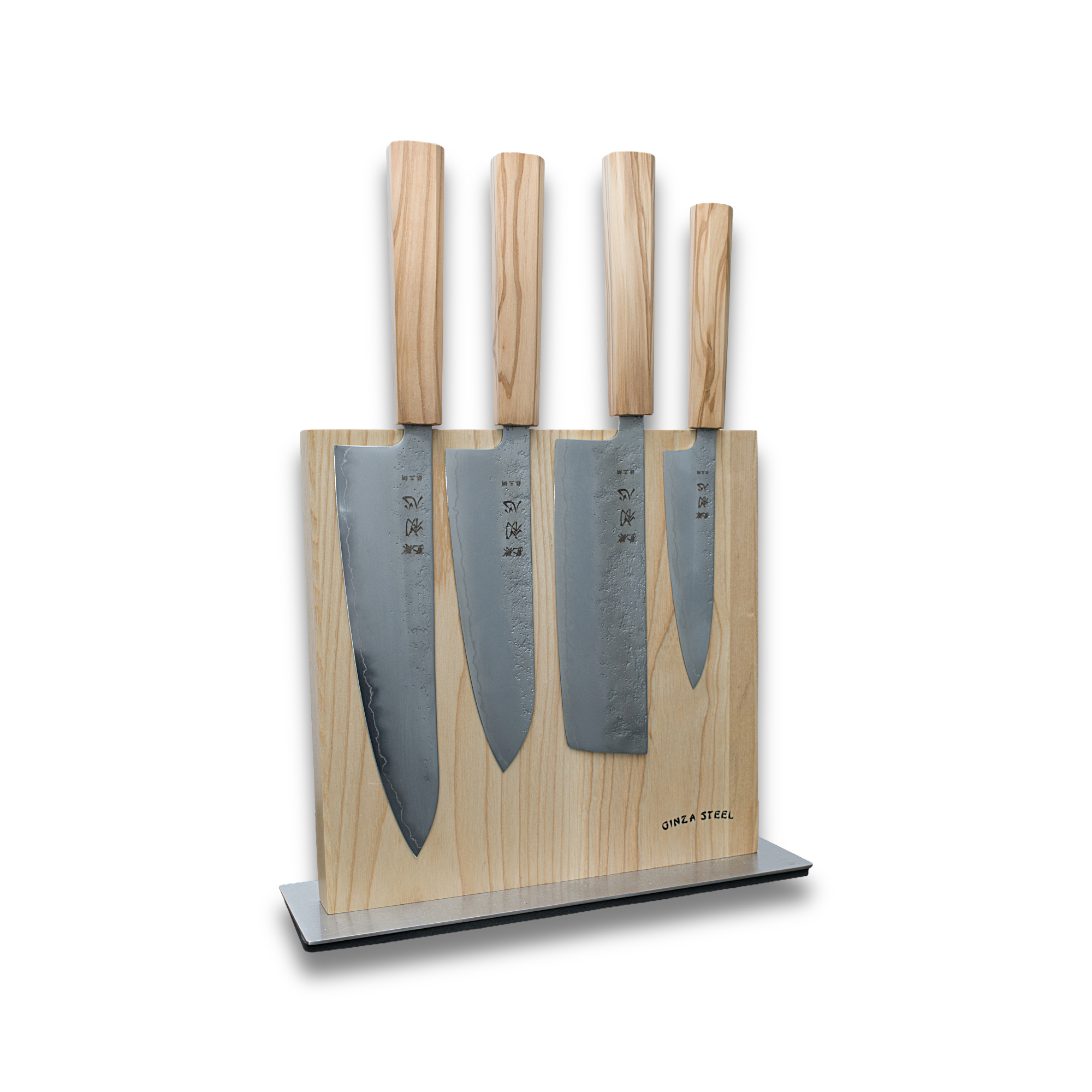 Hatsukokoro Ginrei Silver 3 Nashiji – 5-piece knife set displayed in a wooden magnetic block with olive wood handles.