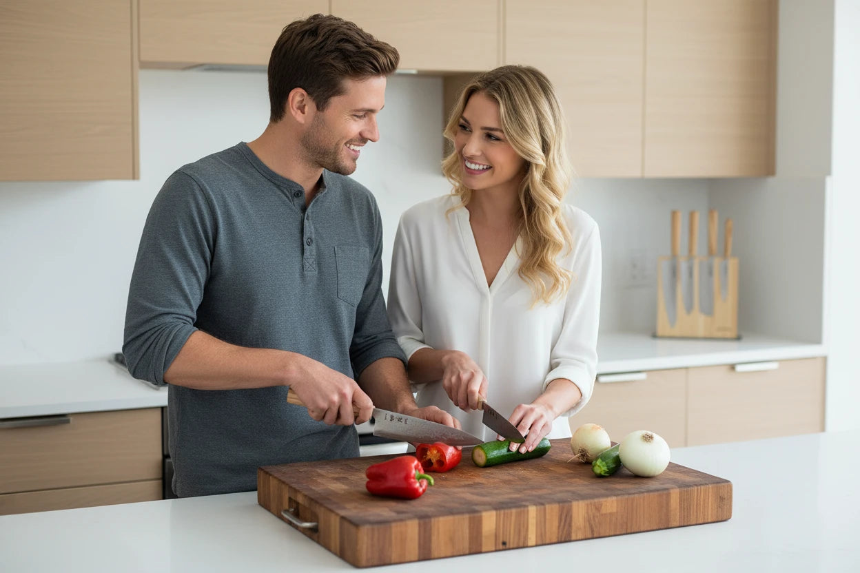 Hatsukokoro Ginrei Silver 3 Nashiji knife set in use by a couple chopping vegetables in modern kitchen.