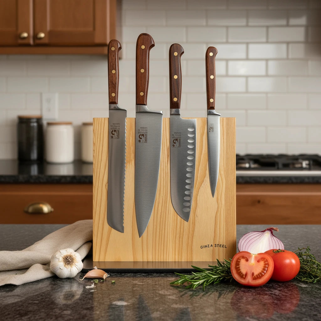 Set of four knives with wooden handles on a wooden block against a white background