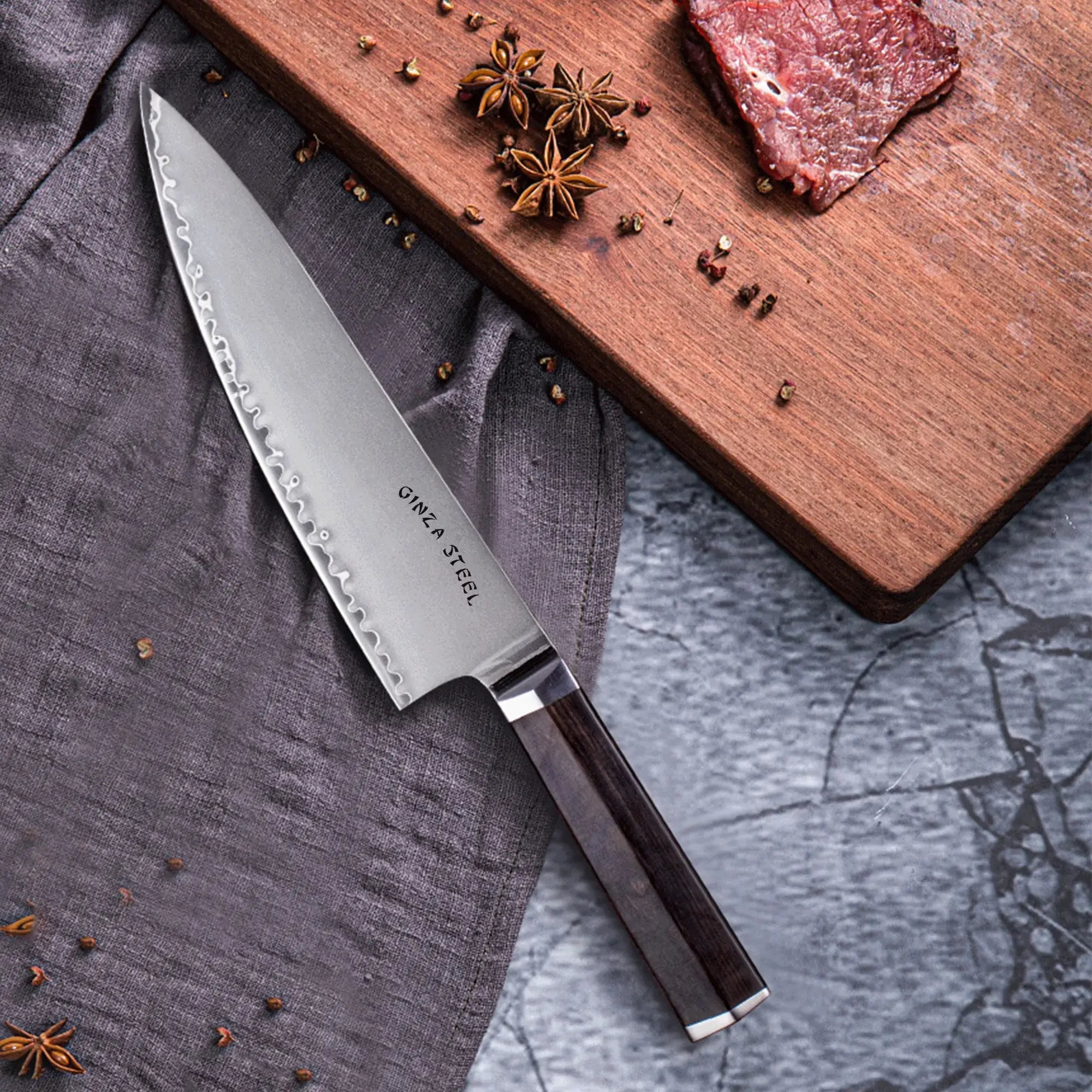 PORTIA 20 | Couteau de Chef 8" Acier Damas VG10 / Manche Bois d'Ebène