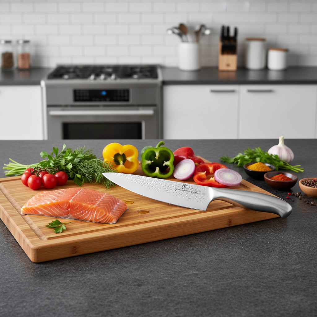 Ginza Steel Küchen Series EISENKRAFT 210mm Chef Knife with German 1.4116 steel blade on cutting board with vegetables and salmon