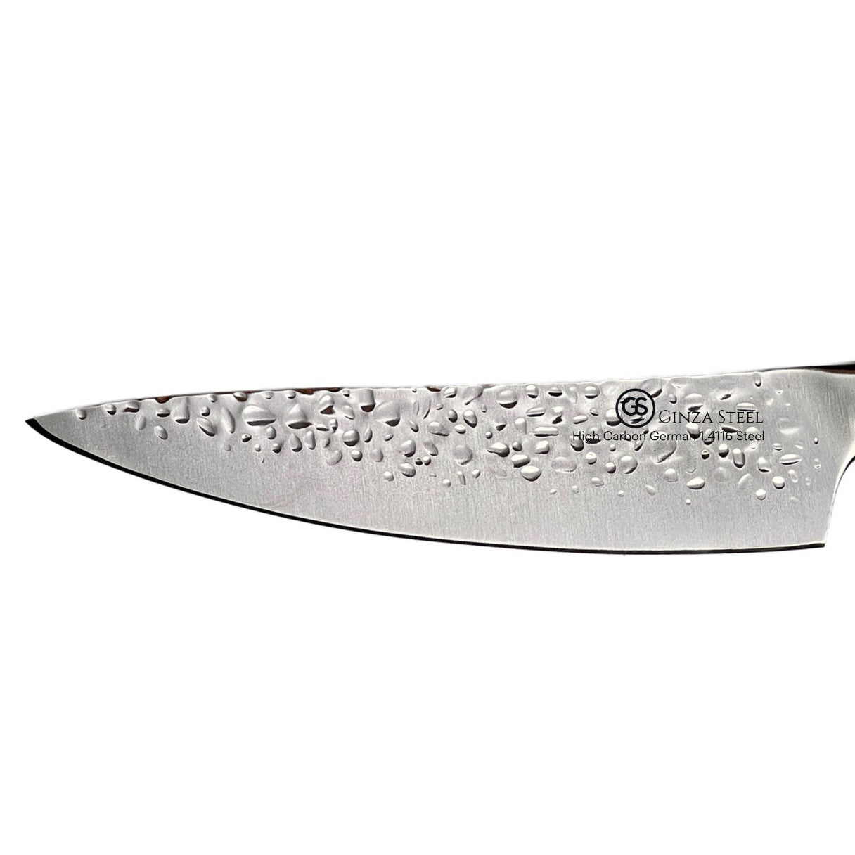 Ginza Steel Küchen Series EISENKRAFT 210mm Chef Knife with German 1.4116 steel blade showcasing sharp edge and textured design.