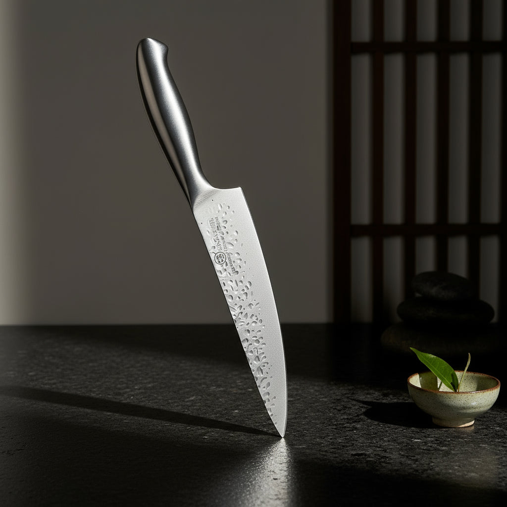 Ginza Steel Küchen Series EISENKRAFT 210mm Chef Knife with German 1.4116 steel blade on dark surface, showcasing precision and durability.