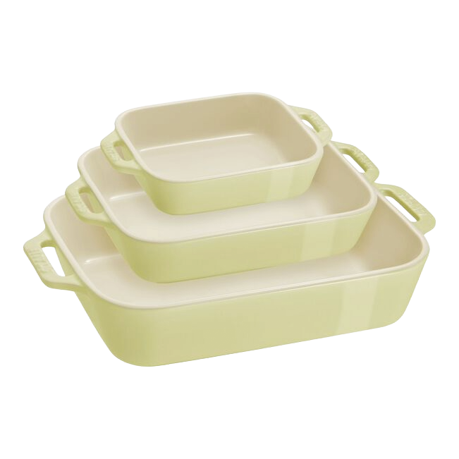 STAUB Macaron Baker Set Rectangular- Macaron Rectangular Baker Set 3 Piece in pastel colors for baking and serving.