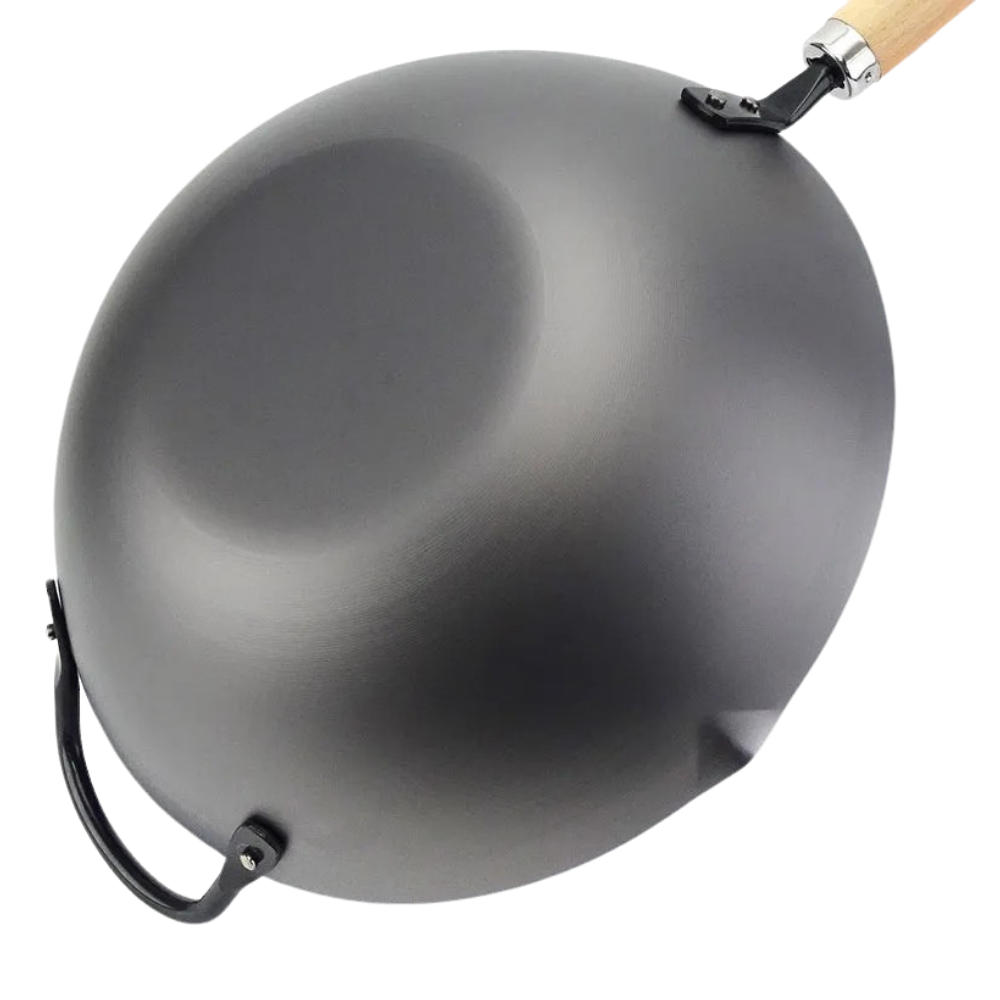 YOSHIKAWA Cook-Pal Ren Nitrided Carbon Steel Beijing Wok with a wooden handle flipped on a white background