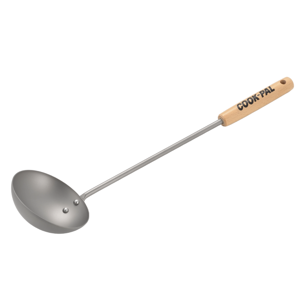 Metal ladle with wooden handle on a white background