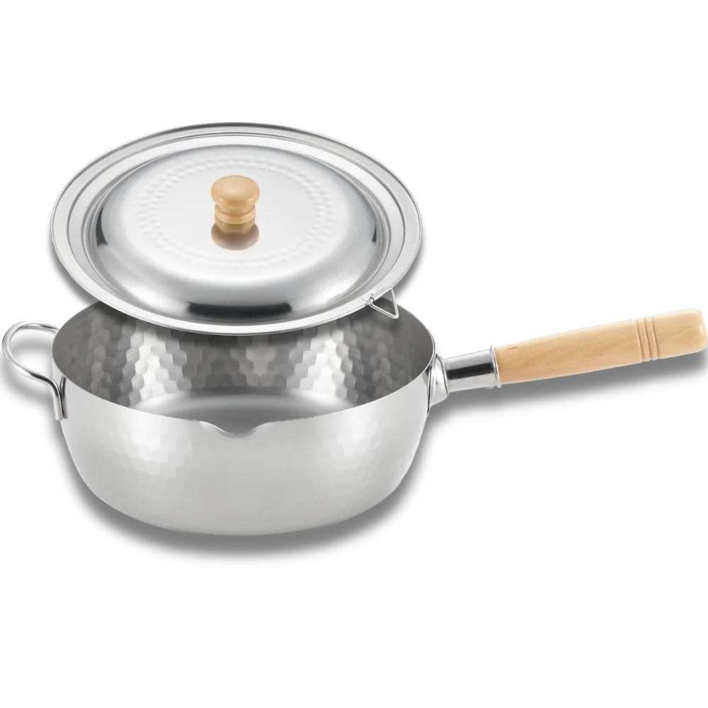 Yukihira stainless steel pot 24cm with lid featuring wooden handle, ideal for soups and stews, made in Japan.