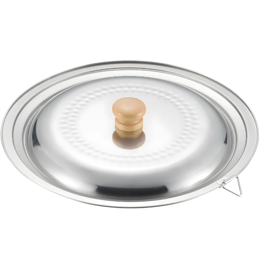 Stainless steel lid with wooden handle on a white background