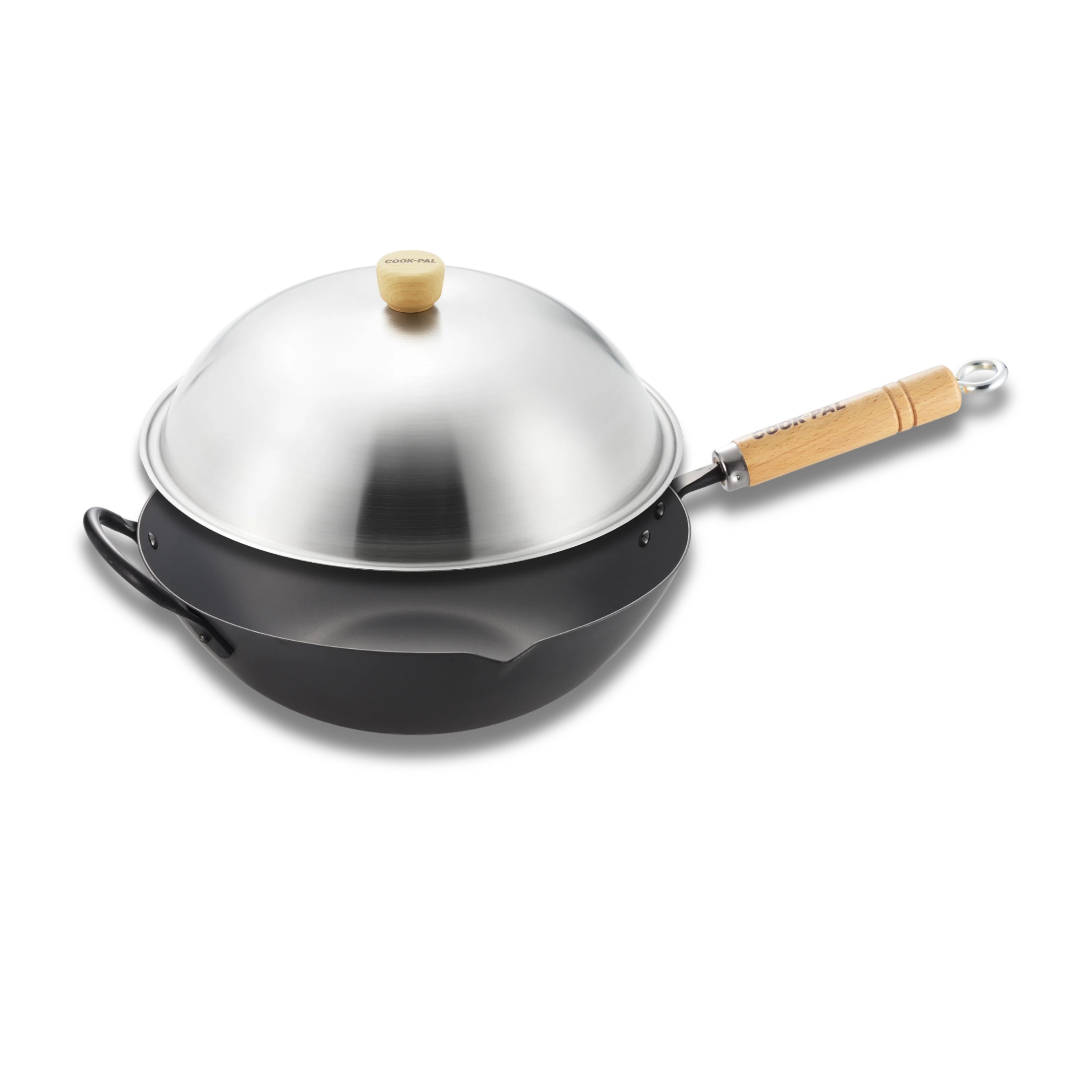 YOSHIKAWA Cook-Pal Ren 30cm Carbon Steel Wok with Stainless Steel Lid, professional-grade cookware set.