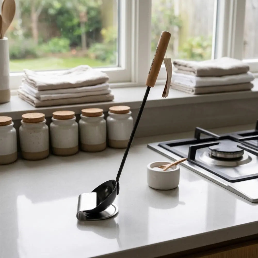 Yoshikawa Cook-Pal Chinese Ladle displayed in a modern kitchen with a minimalist ladle stand and neatly organized kitchenware.