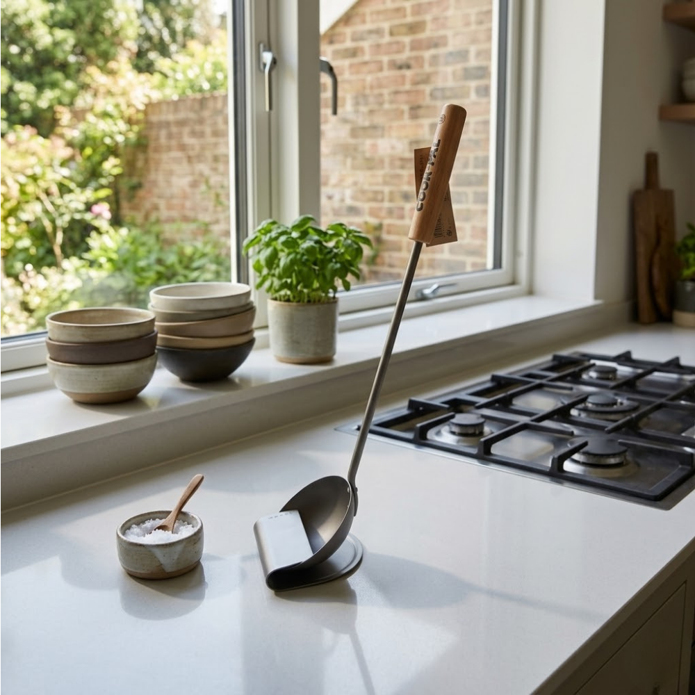 Yoshikawa Cook-Pal Chinese Titanium Ladle and Eatoco Oki Ladle Stand set displayed on a kitchen countertop with plants.