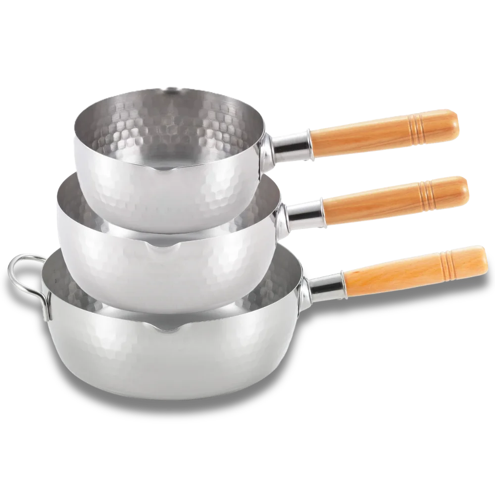 Yoshikawa Yukihira Saucepan set of 3 sizes in stainless steel with wooden handles, handcrafted in Japan.