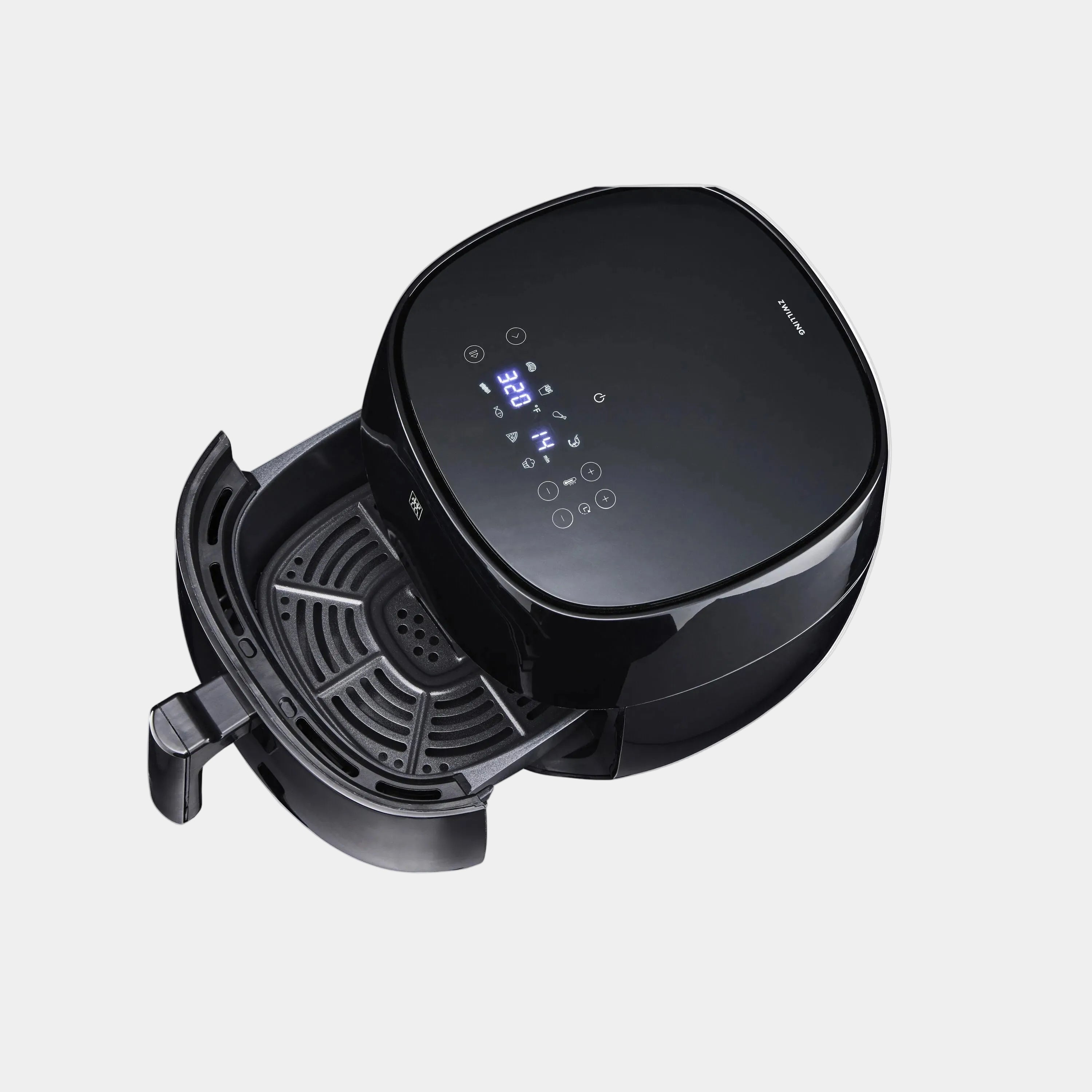 ZWILLING Ceramic Coated Air Fryer 4L in black with open tray, displaying digital controls and sleek design.