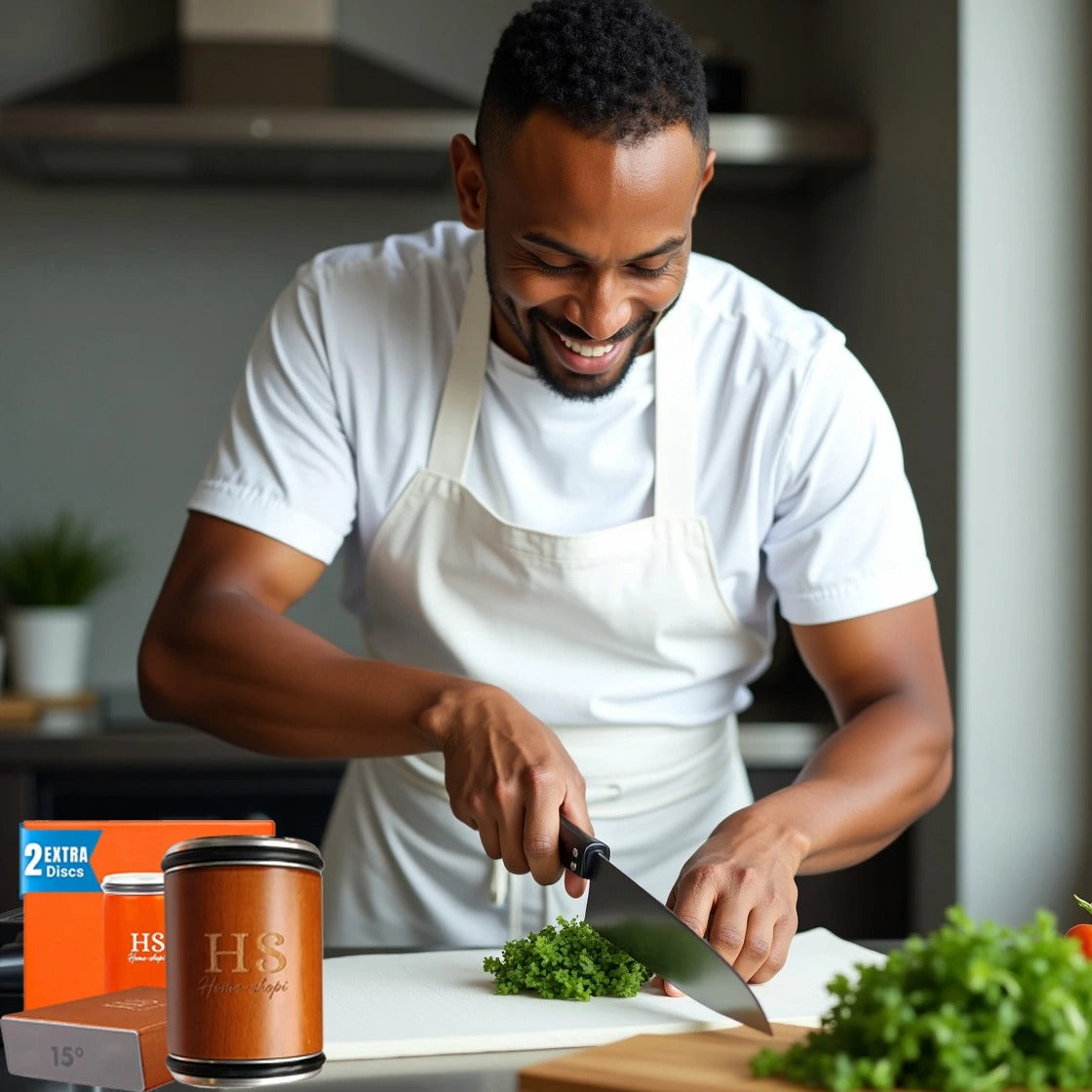 Man in a kitchen cutting vegetables with a knife, surrounded by cooking ingredients and a container of coffee.