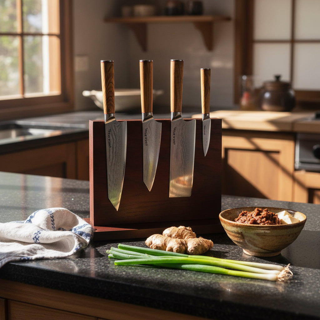 Set of four knives with wooden handles on a wooden block against a white background