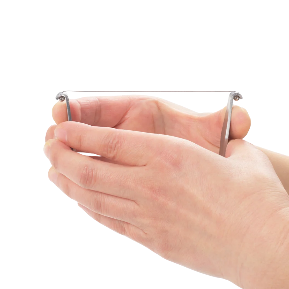 Hands holding EAtoCO Kaku Replacement Cutting Wire for cheese cutter from Yoshikawa Japan, made with durable stainless steel for clean cuts.