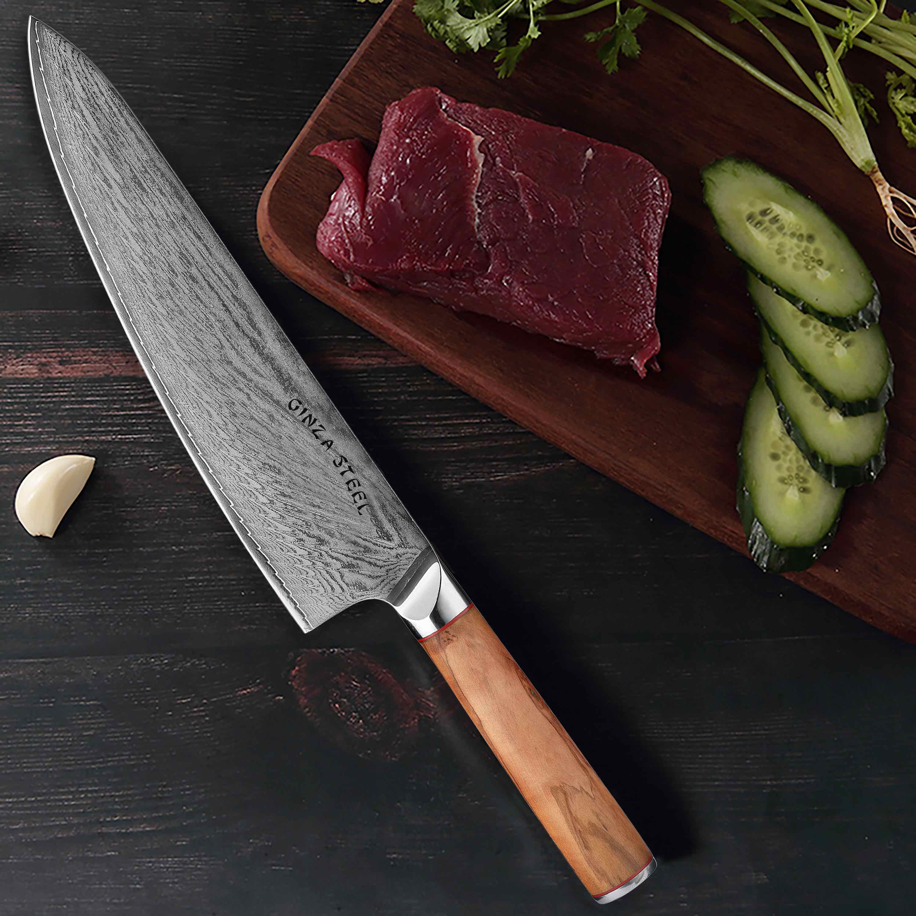 MIA 24 | Chef Knife 9" Damascus AUS10 Steel 67 Layer/Italian Olive Wood Handle