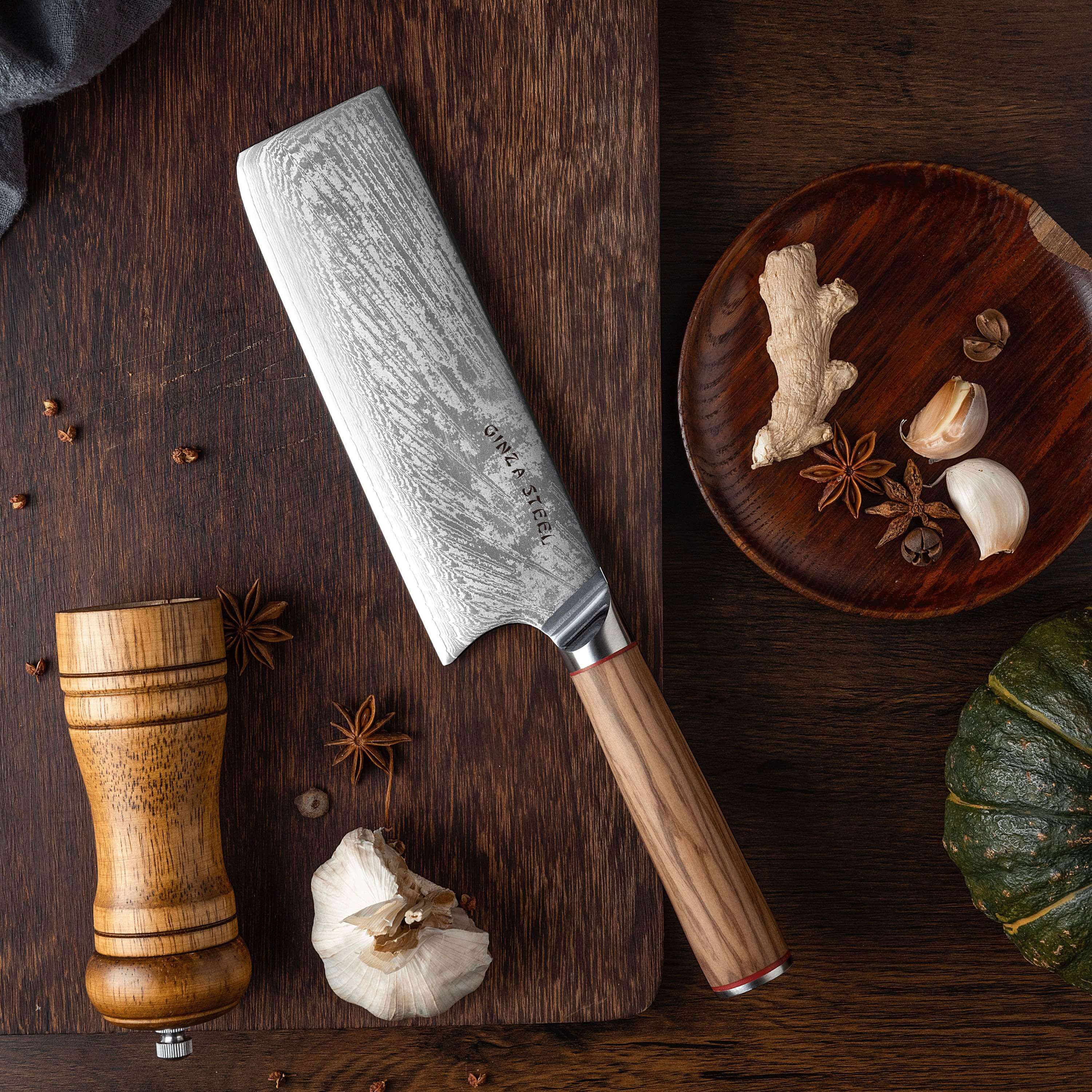 MIA X | Couteau Cleaver 7" Acier Damas AUS10 67 Couches / Manche Bois d'Olivier