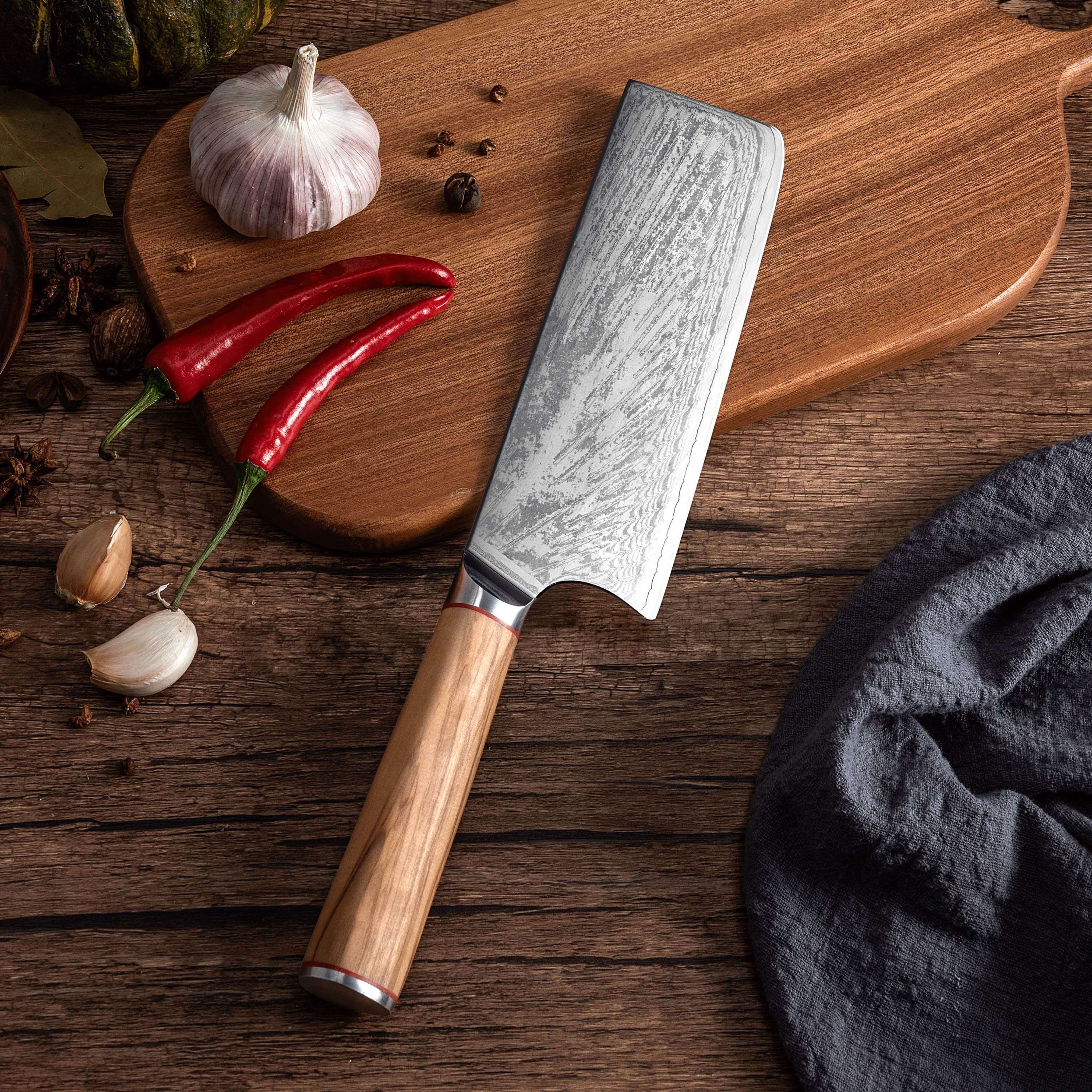 MIA X | Couteau Cleaver 7" Acier Damas AUS10 67 Couches / Manche Bois d'Olivier