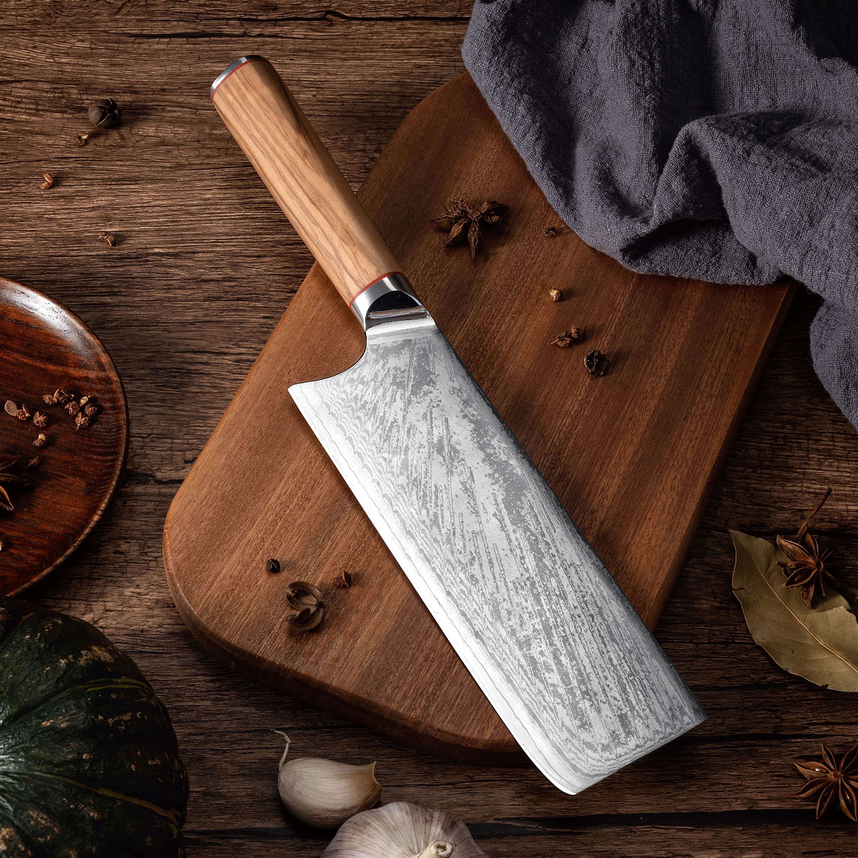 MIA X | Couteau Cleaver 7" Acier Damas AUS10 67 Couches / Manche Bois d'Olivier