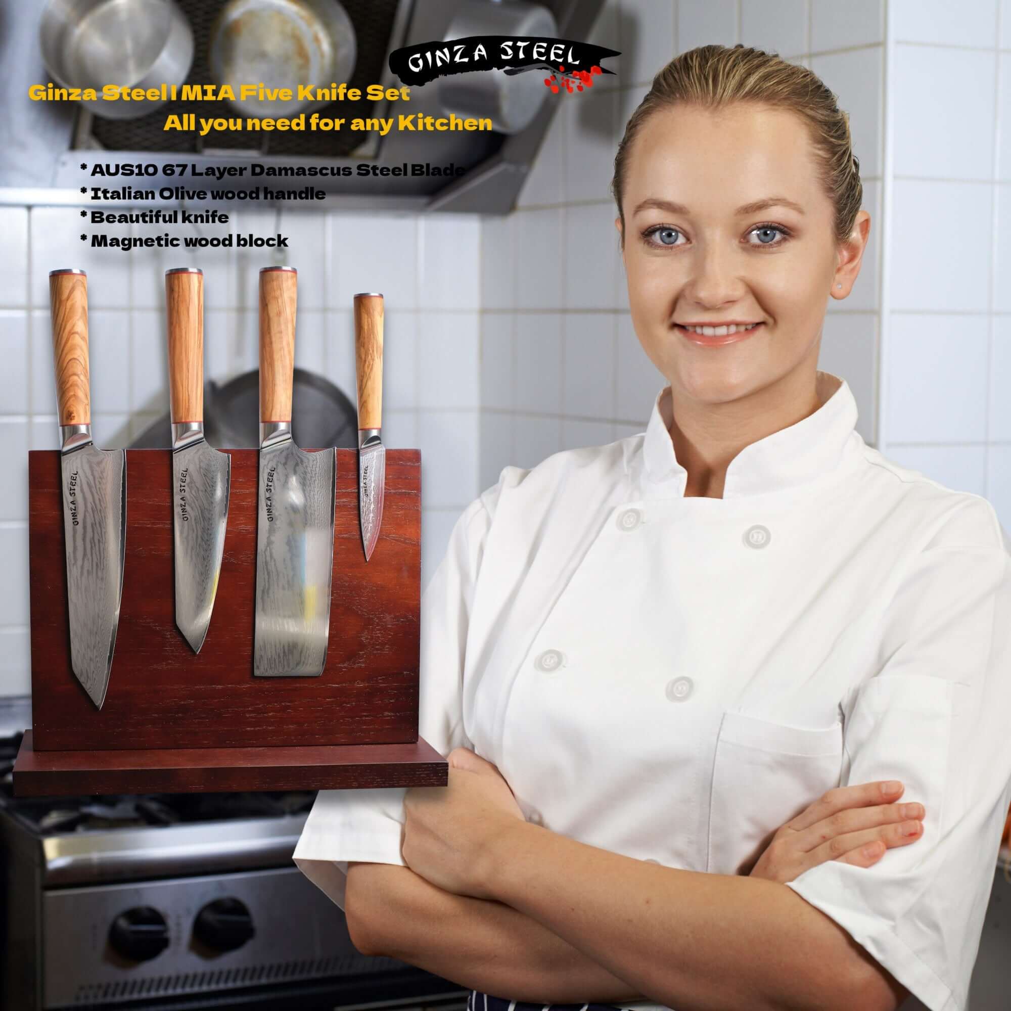 MIA FIVE | Essential 5 pcs Knife set | 4 Knives with Magnetic Wood Block