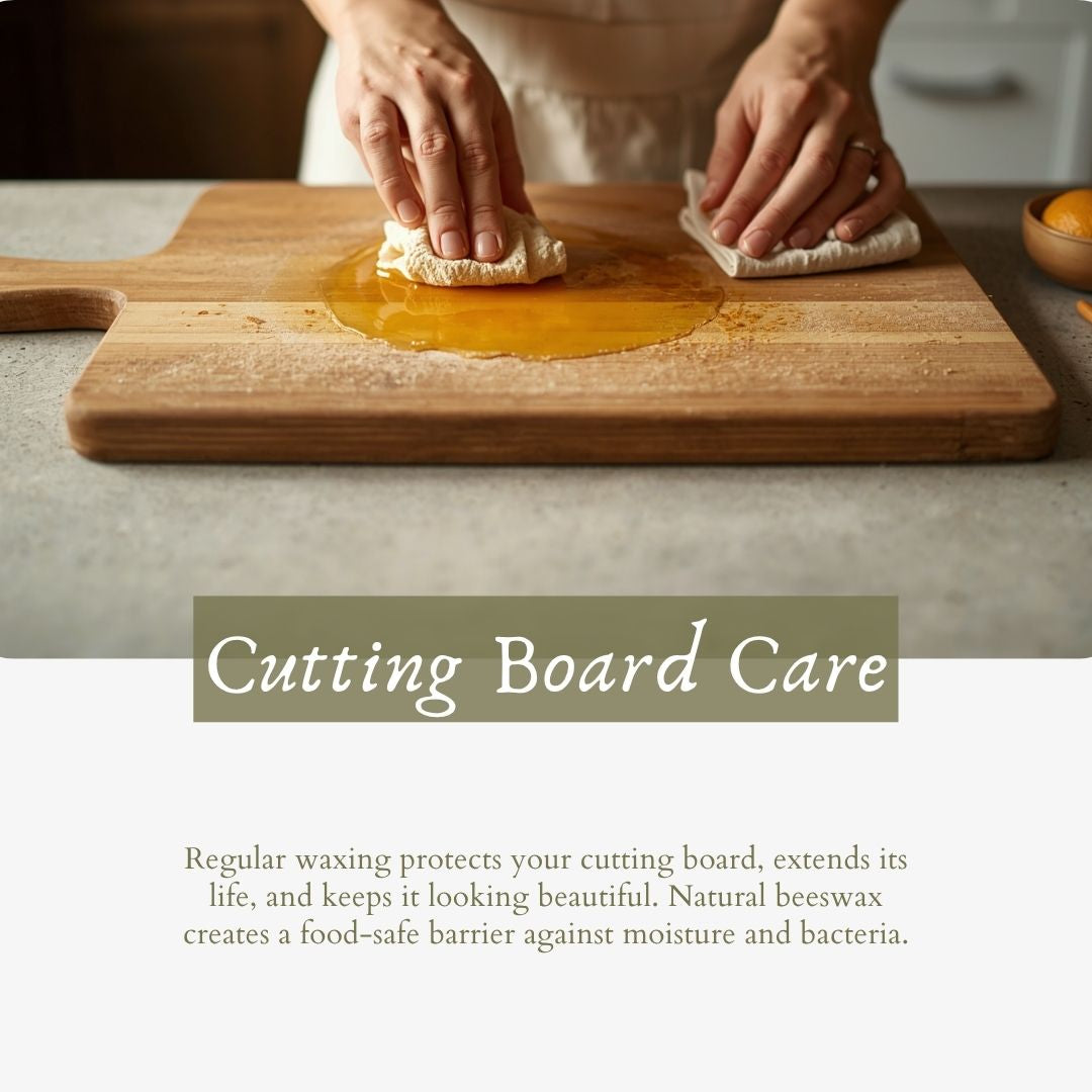 Wooden cutting board being oiled and maintained on a kitchen counter