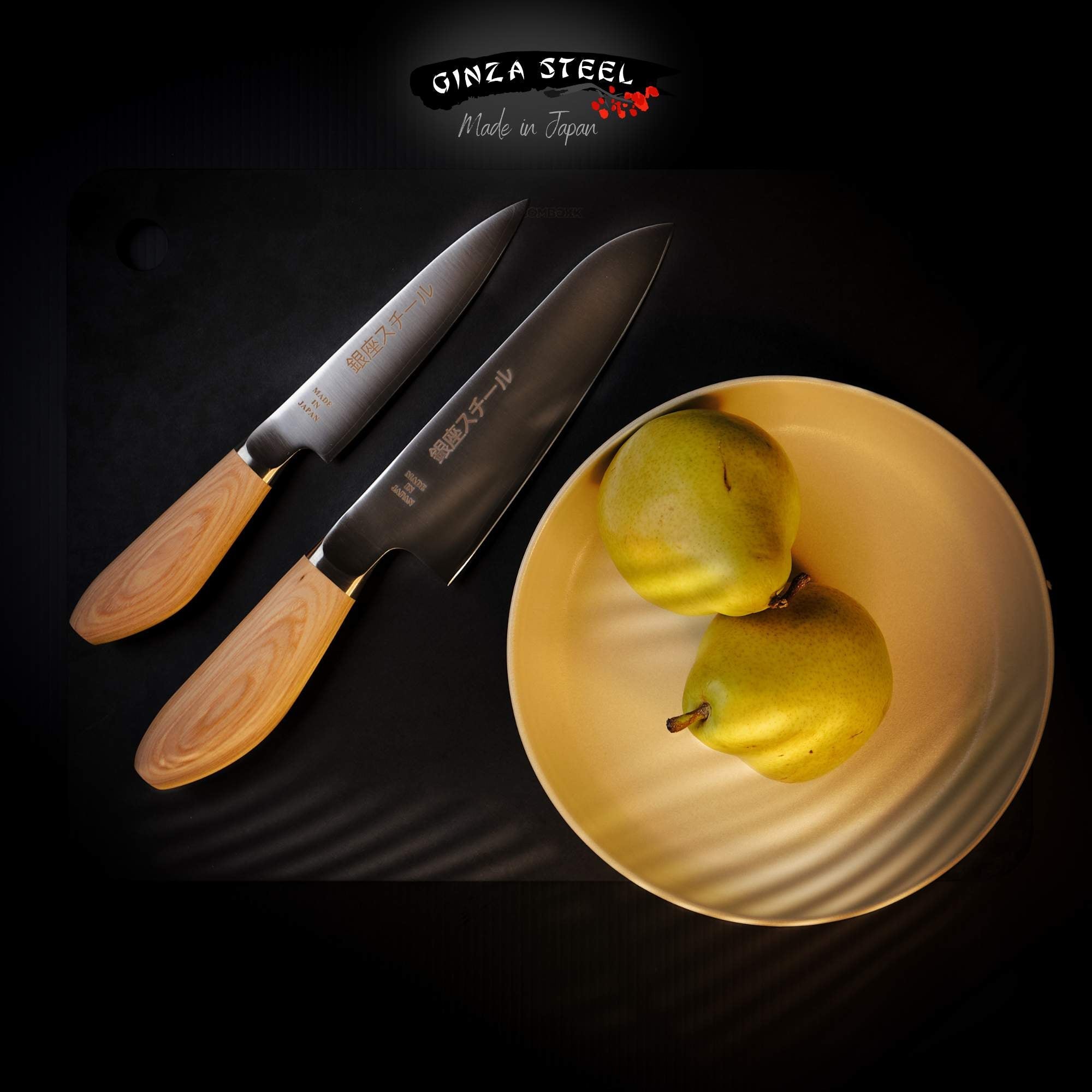 The Art of Japanese Knives: A Culinary Companion featuring Ginza Steel knives and a bowl with pears.