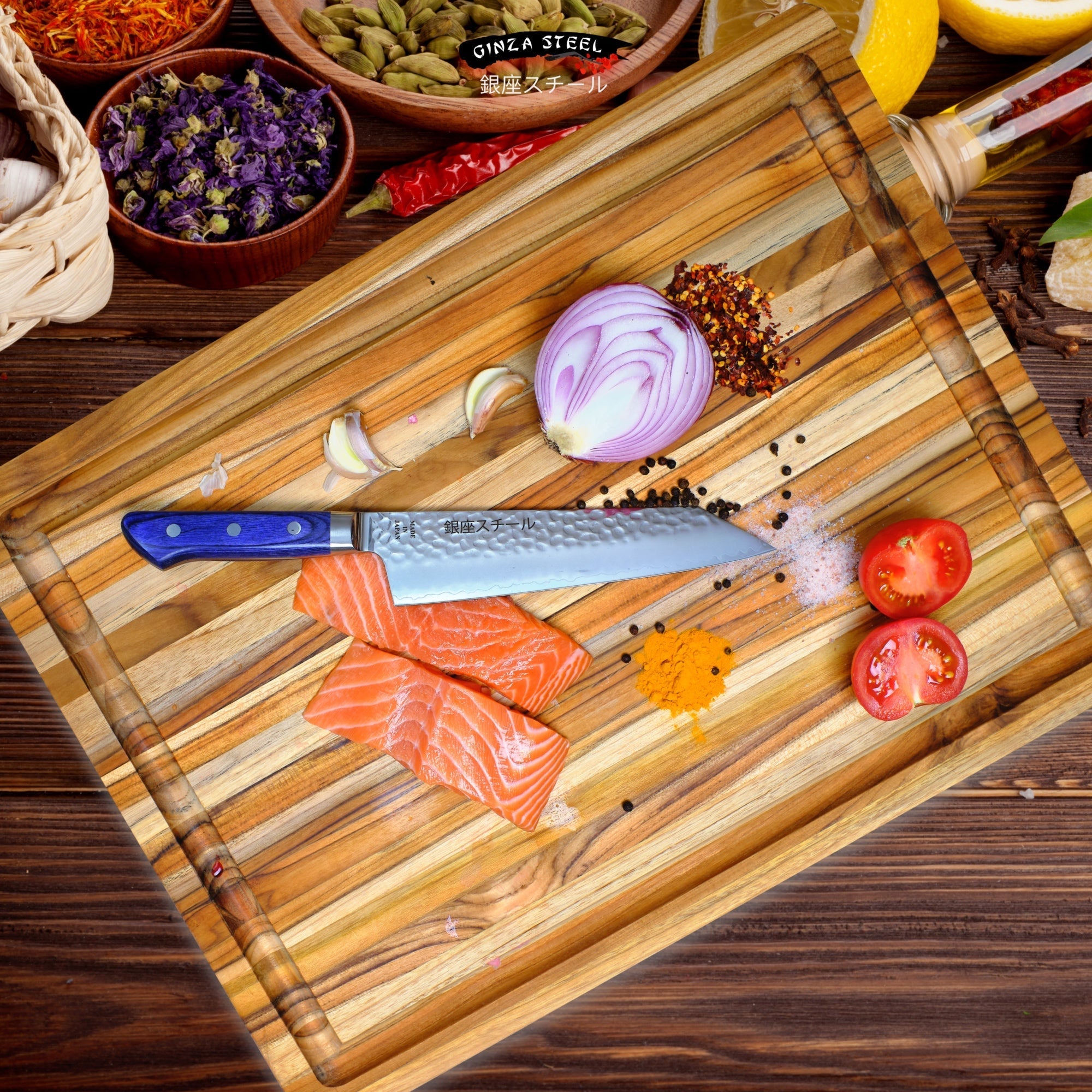 Ginza Steel KC Series vs. Ginza Steel Japanese Knives: Finding Your Perfect Blade with knife and ingredients on cutting board