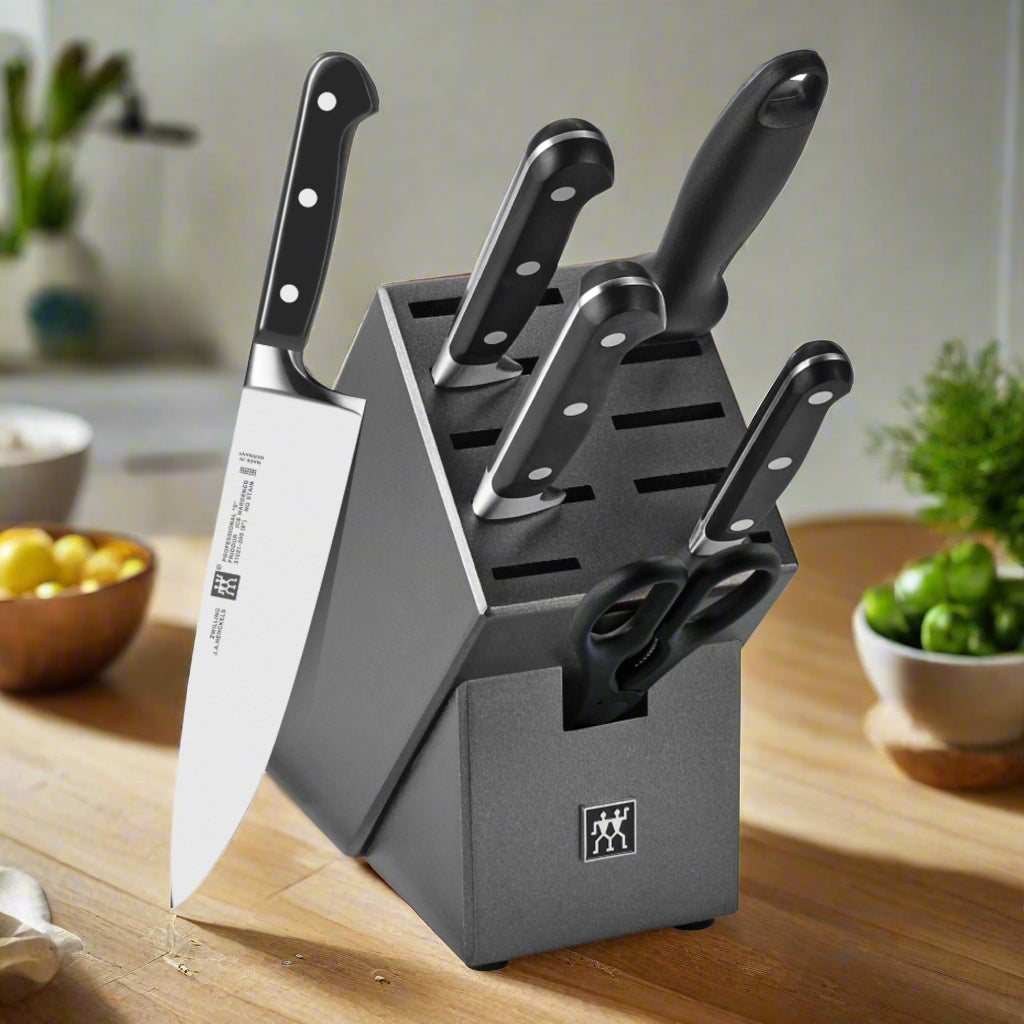 ZWILLING Professional S 7 Piece, Knife Block Set displayed with knives in a sleek black block on a wooden kitchen countertop.