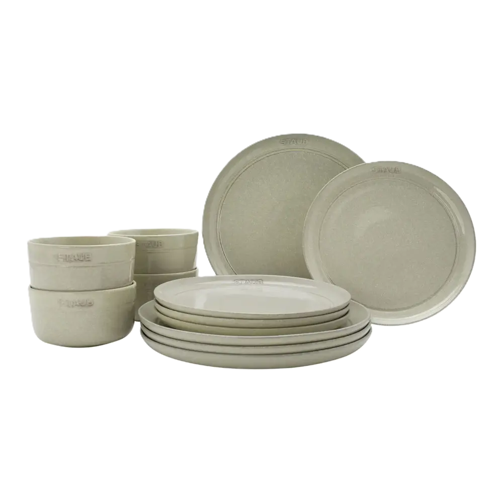 STAUB 12-Piece Stoneware Dinnerware Set – Scratch-Resistant Plates and Bowls - White tuffle