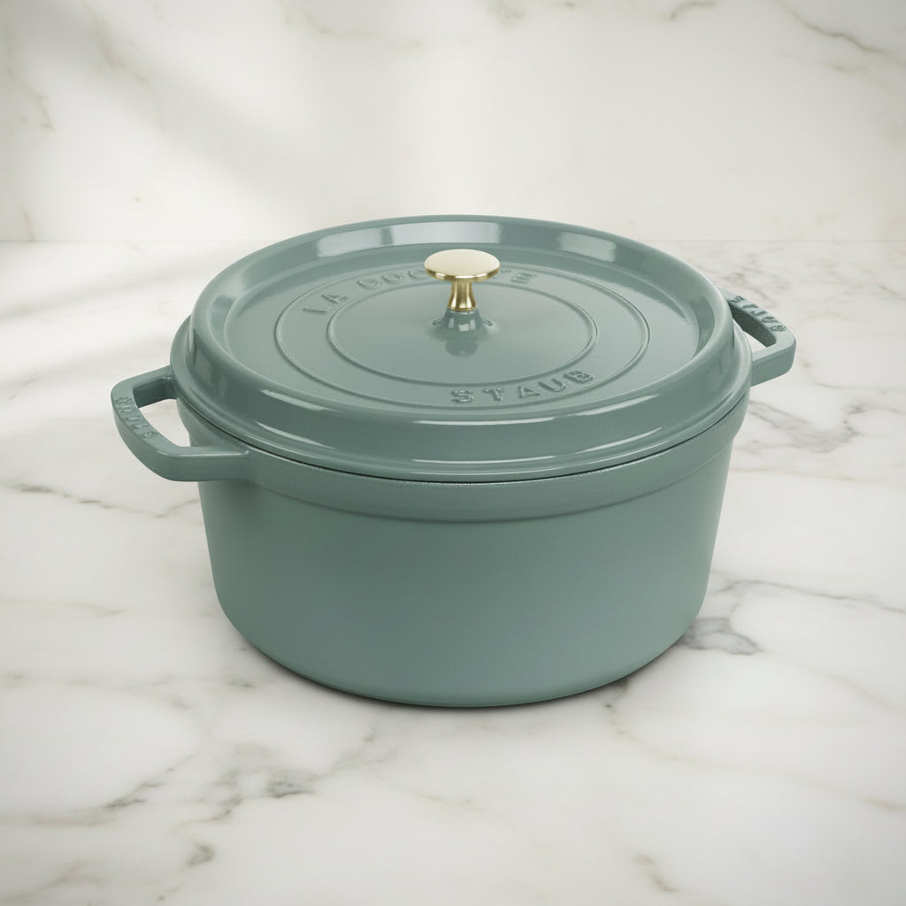 Green Staub cocotte with a gold knob on a marble surface