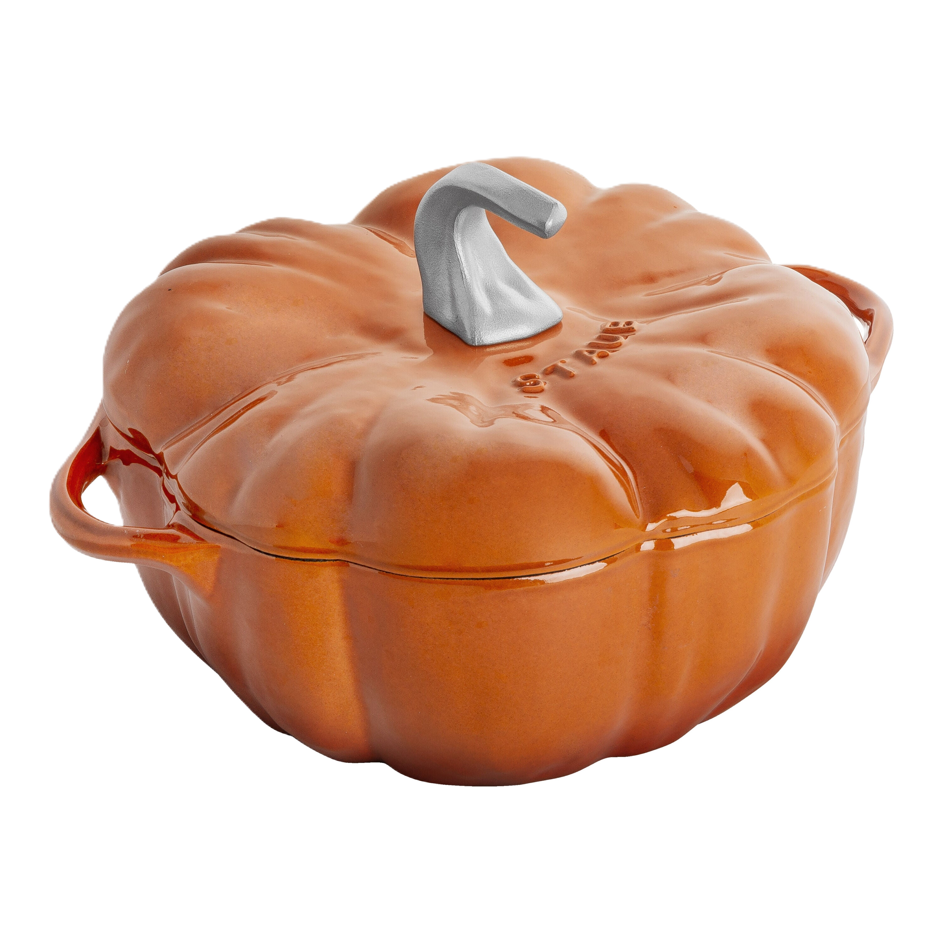 Pumpkin-shaped cast iron cookware with a lid on a white background