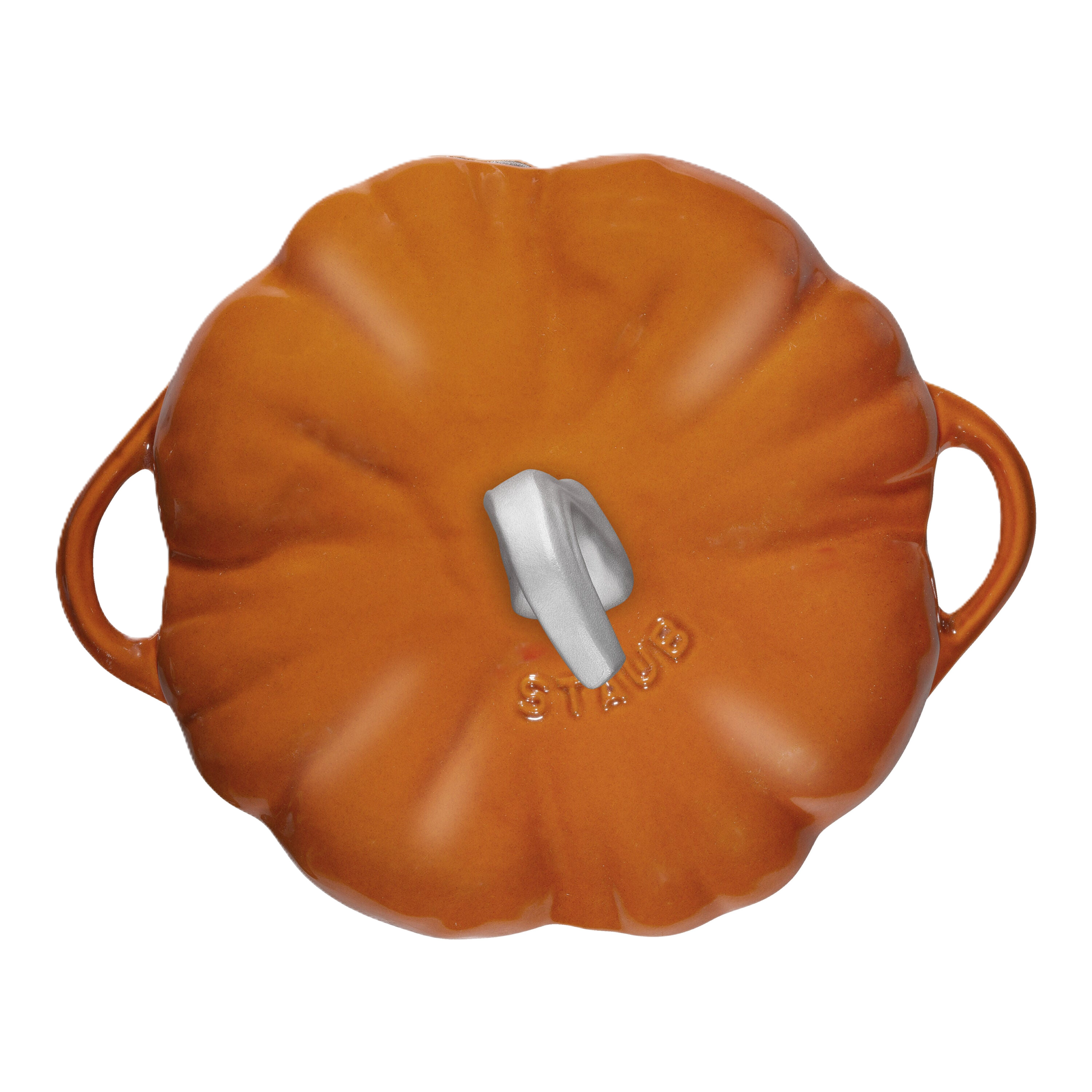 Pumpkin-shaped cast iron cookware with a lid on a white background upper view