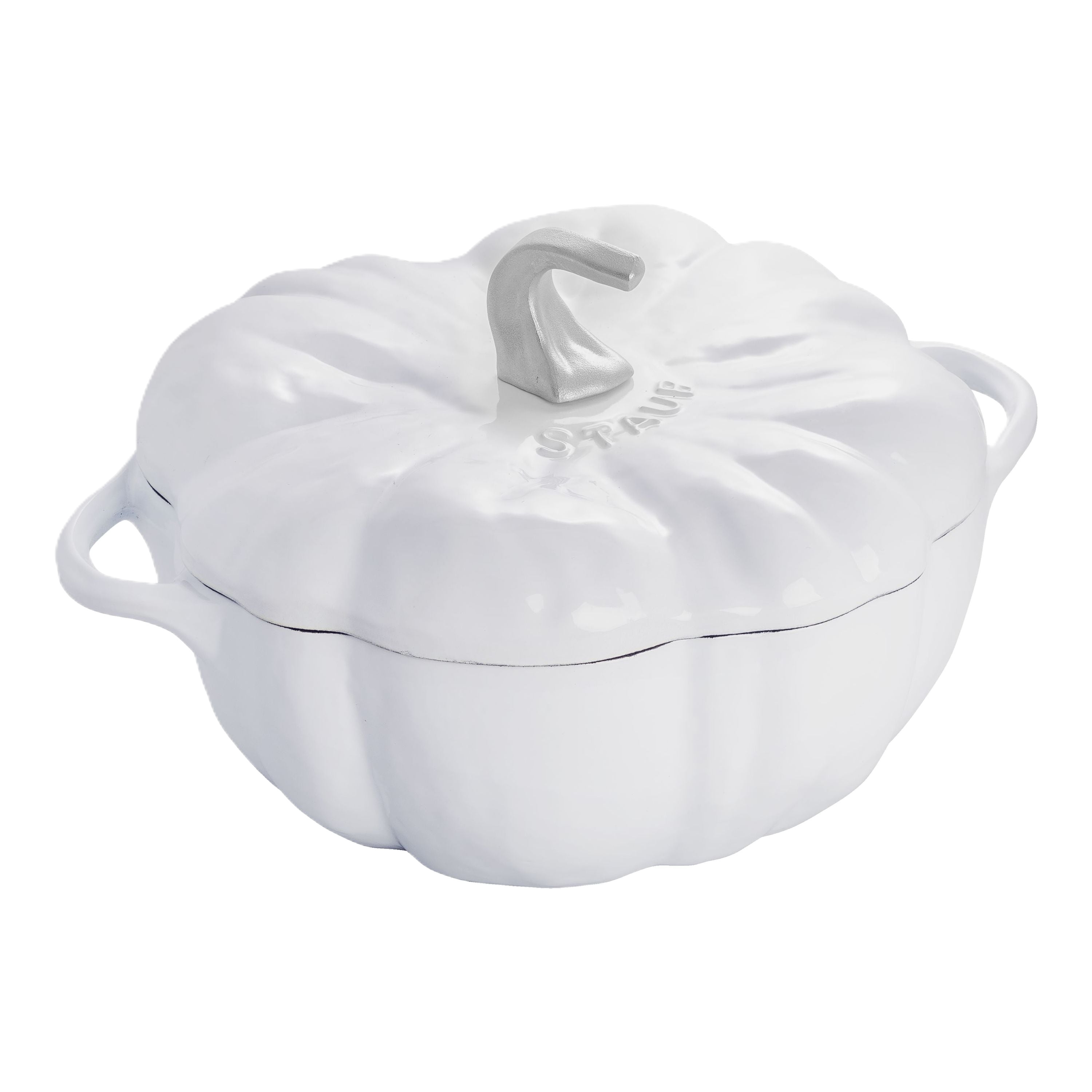White pumpkin-shaped ceramic cookware with a lid on a white background