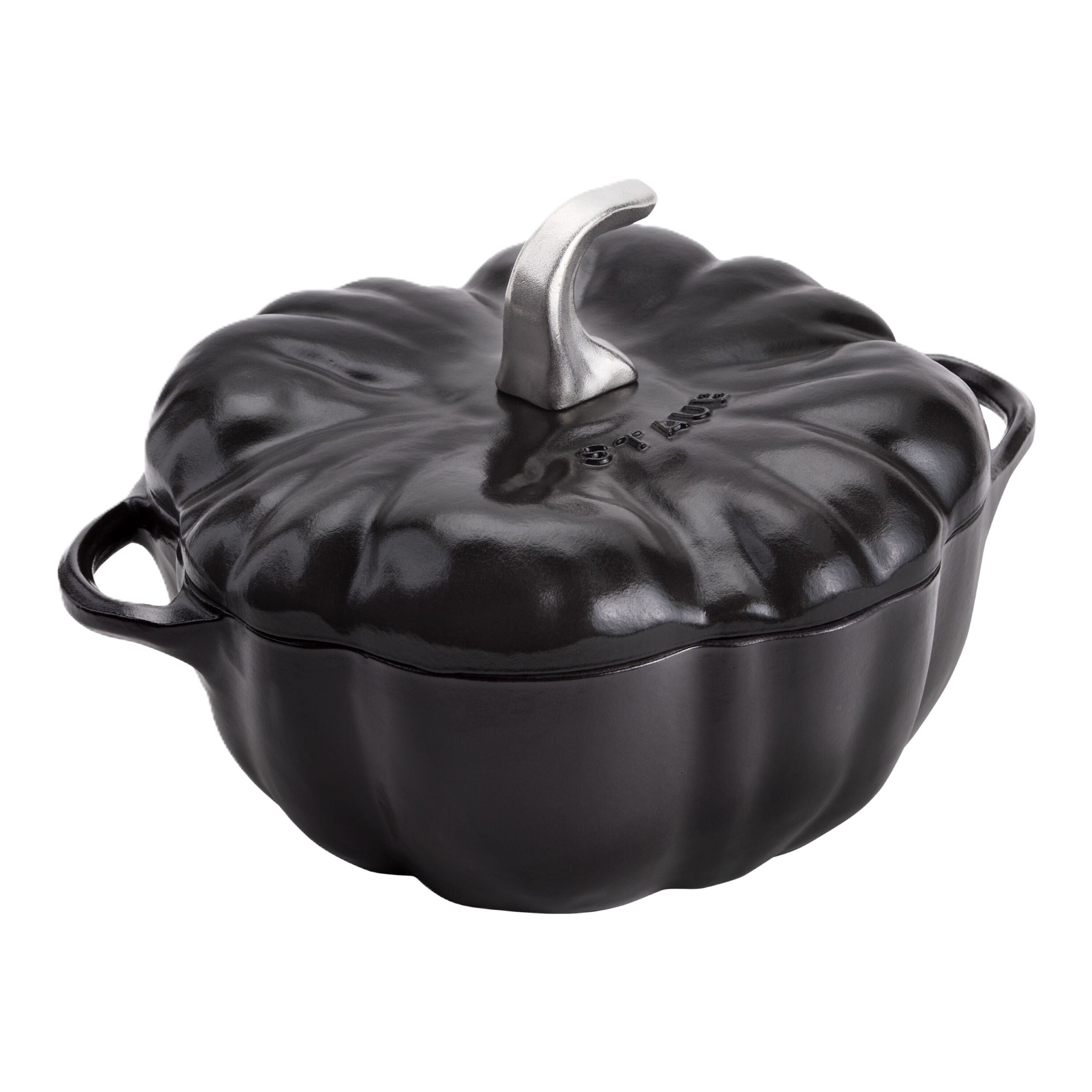 Black pumpkin-shaped cookware with a lid on a white background